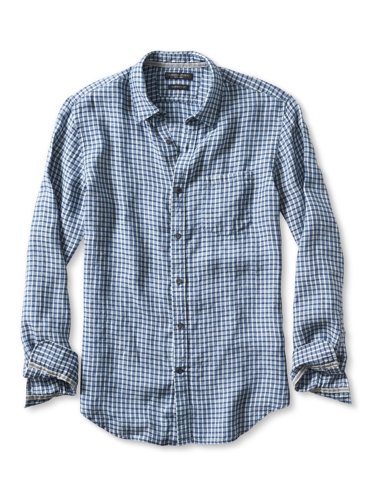 Grant-Fit Micro-Plaid Irish Linen Shirt
