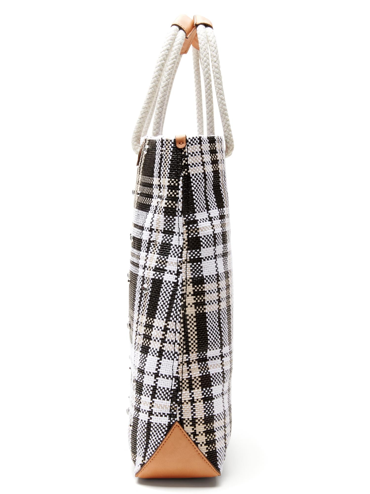 Plaid Mixed Straw Tote