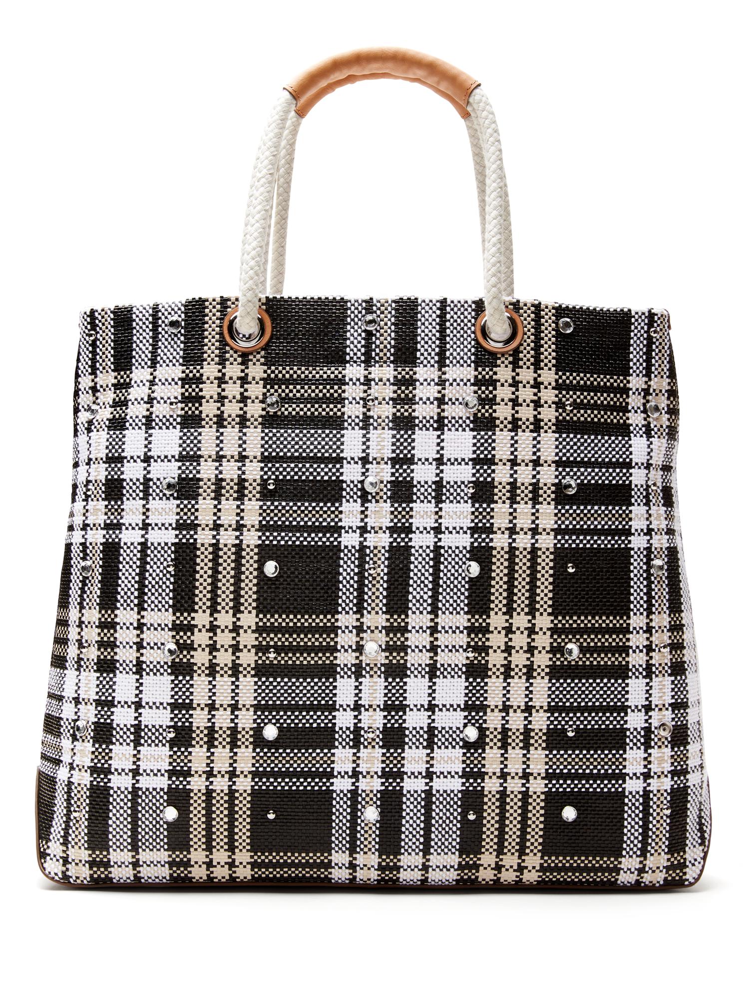 Plaid Mixed Straw Tote