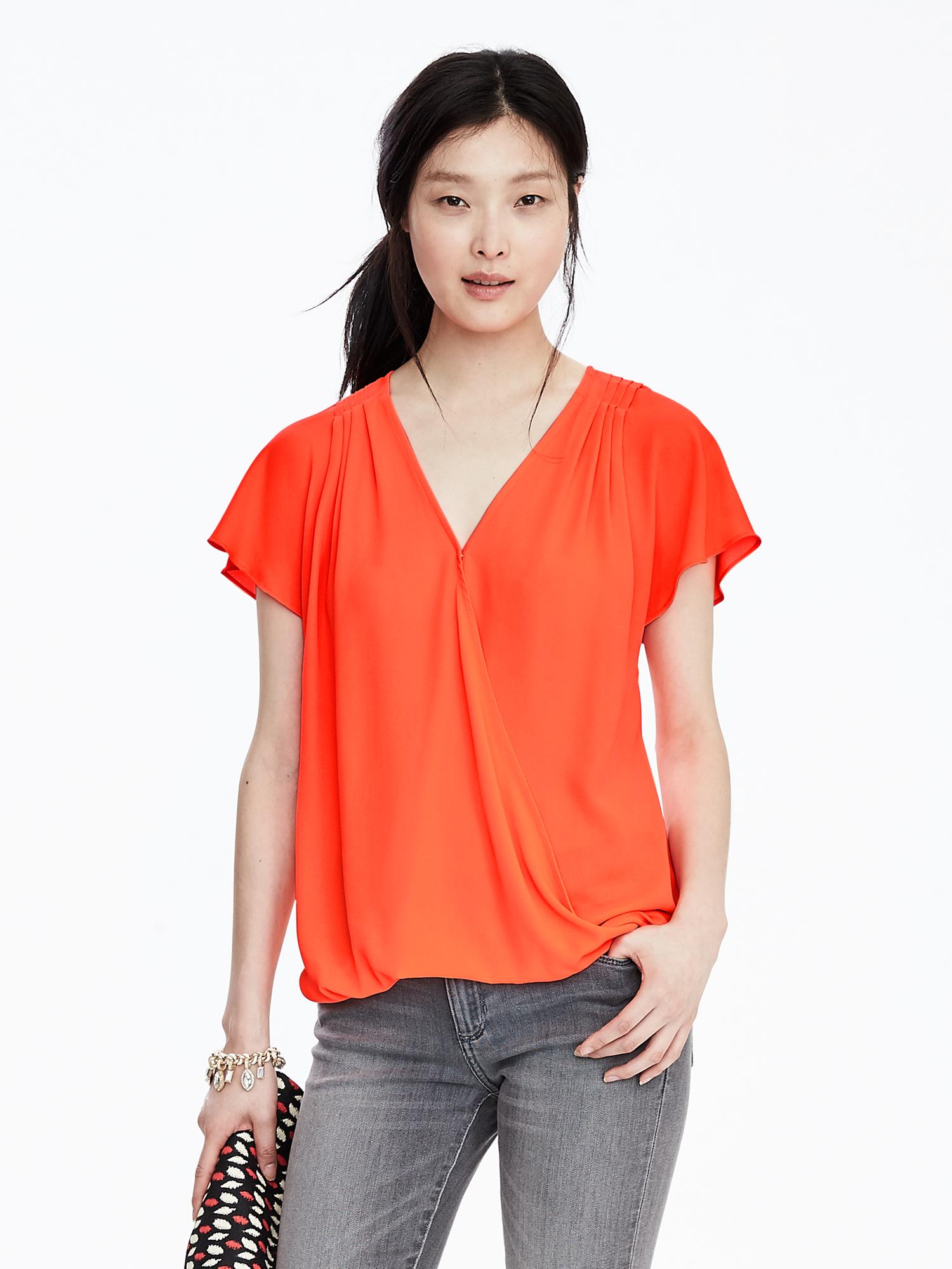 Pleated Shoulder Wrap-Front Top