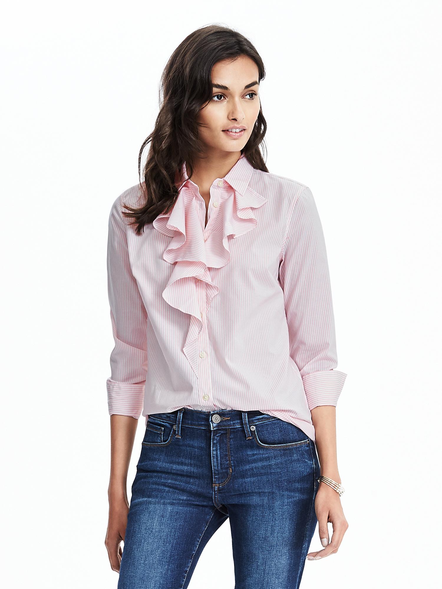 Riley-Fit Tailored Pink Stripe Ruffle Blouse