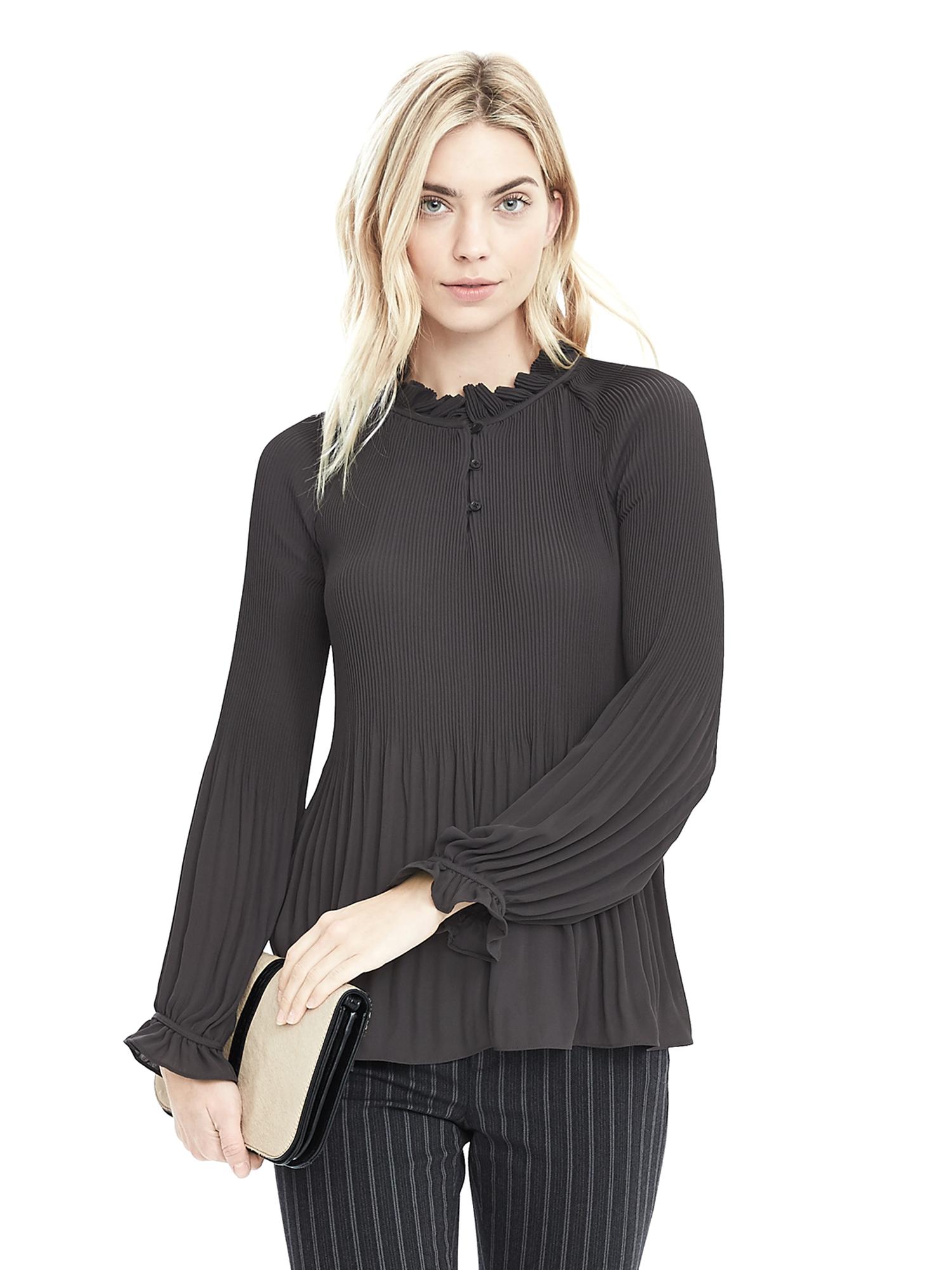 Easy Care Pleated Button Up Blouse