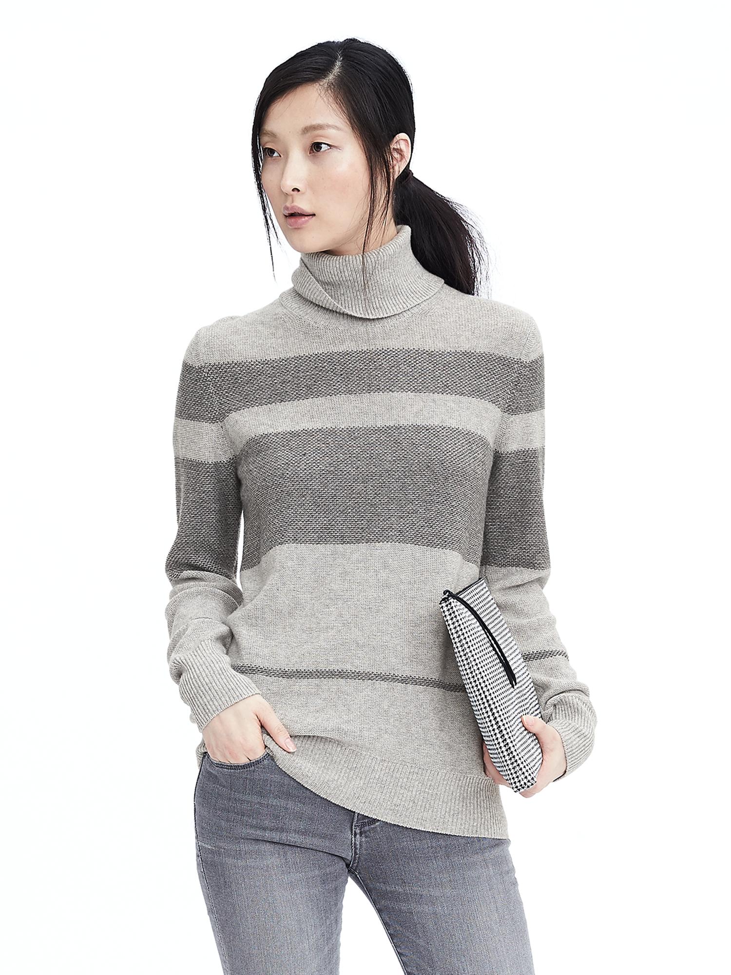 Italian Cashmere Blend Striped Turtleneck Sweater