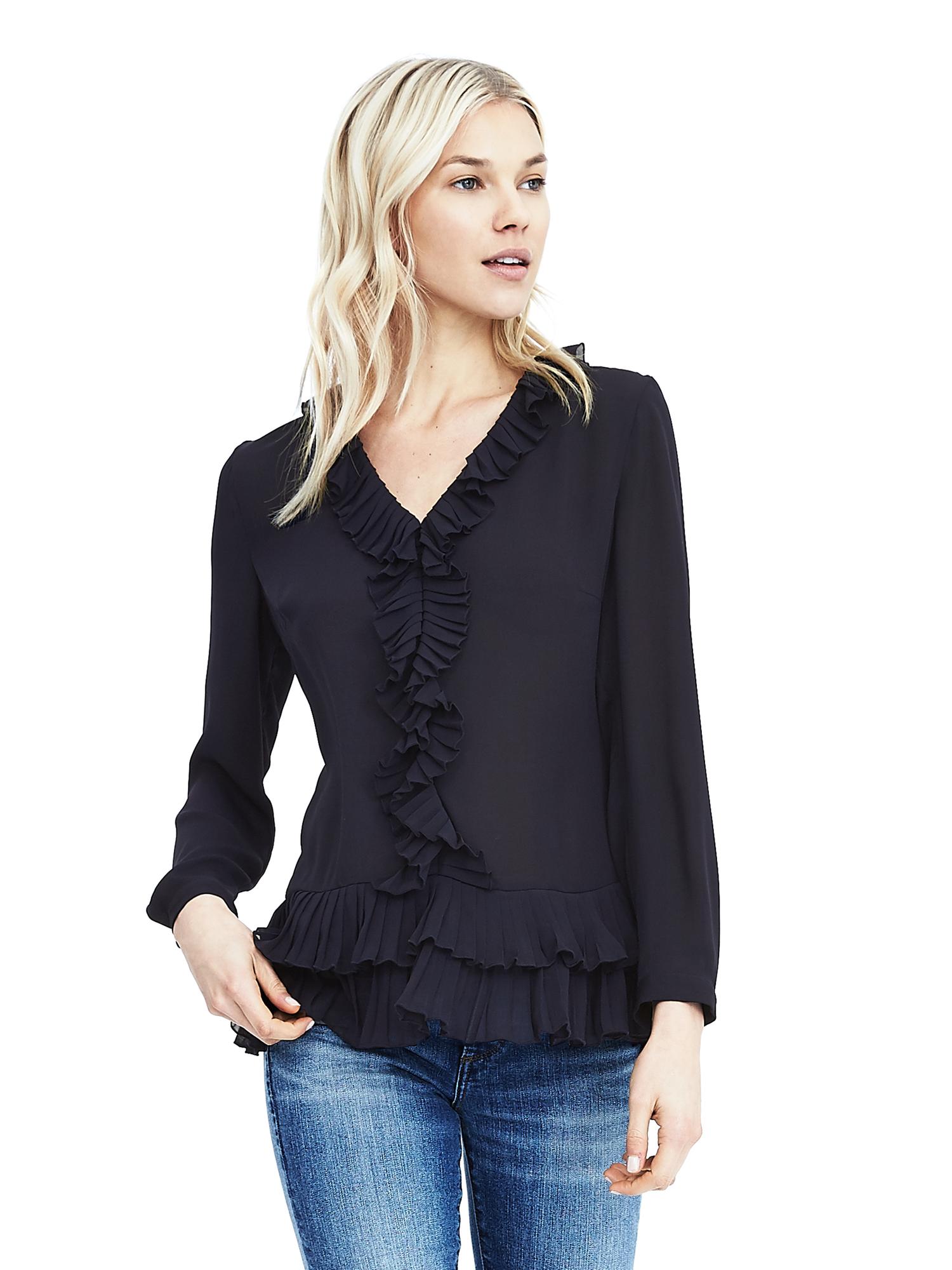 Easy Care Pleated Ruffle Vee Top