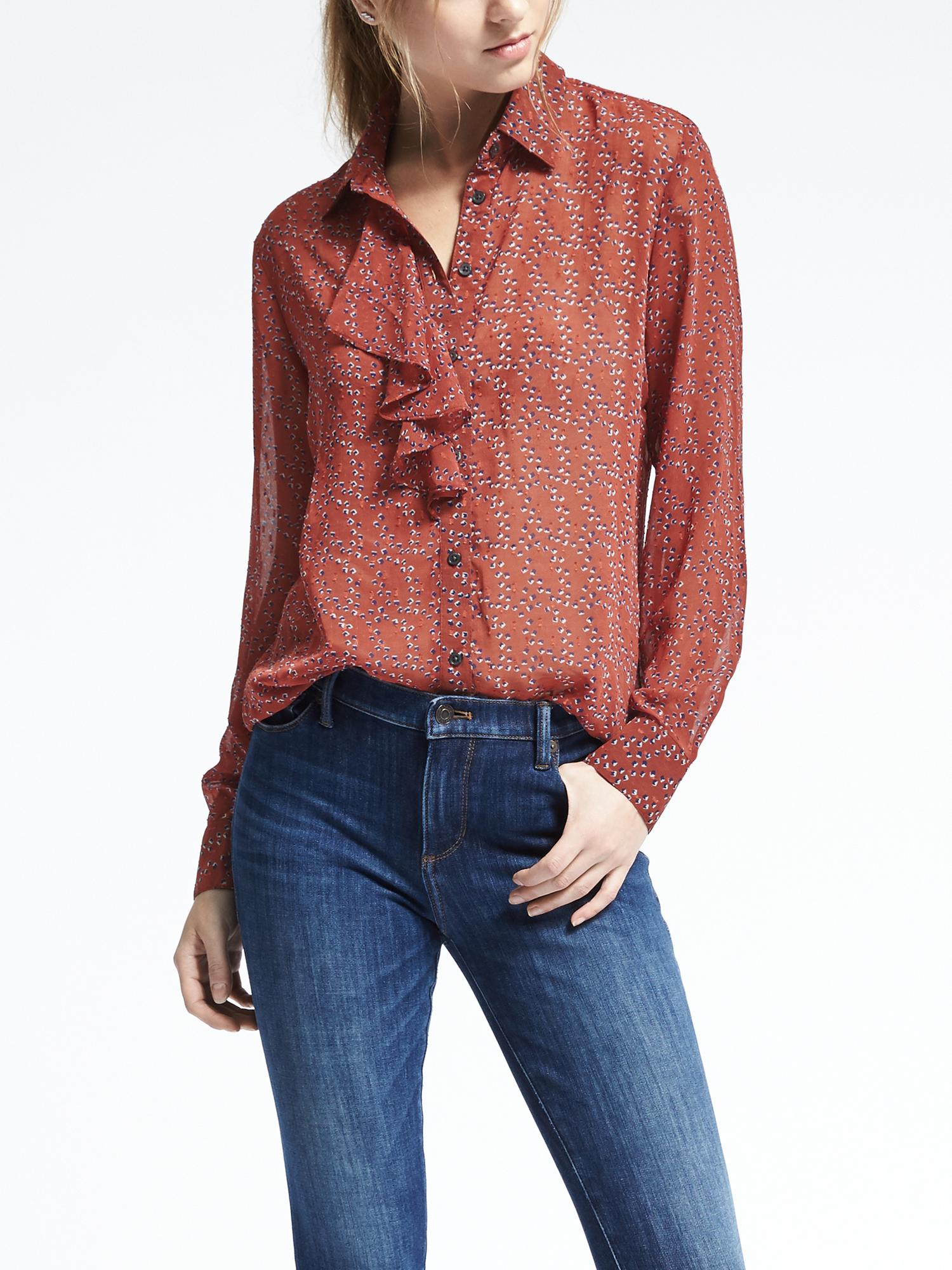 Dillon-Fit Ruffle Front Geo Blouse
