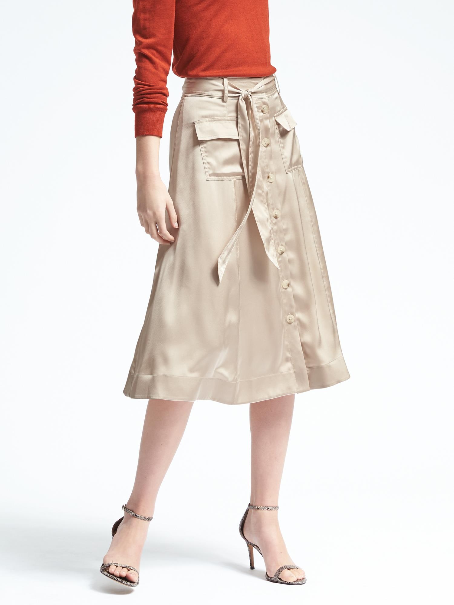 Button-Front Midi Skirt
