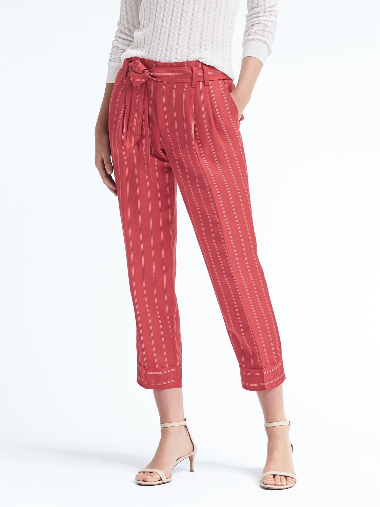 Avery Straight-Fit Stripe Tie-Waist Linen Ankle Pant