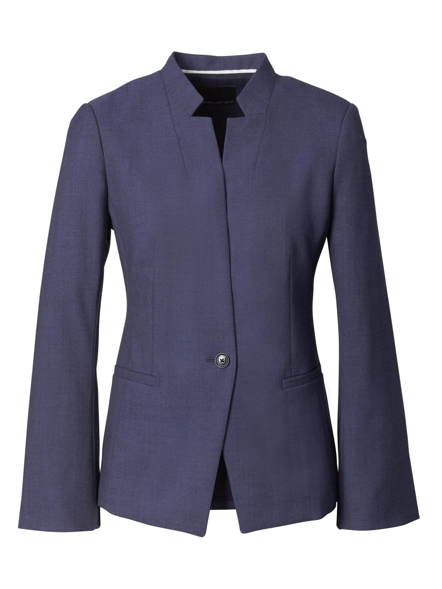 Long and Lean-Fit Inverted Collar Lightweight Wool Fluted-Sleeve Blazer