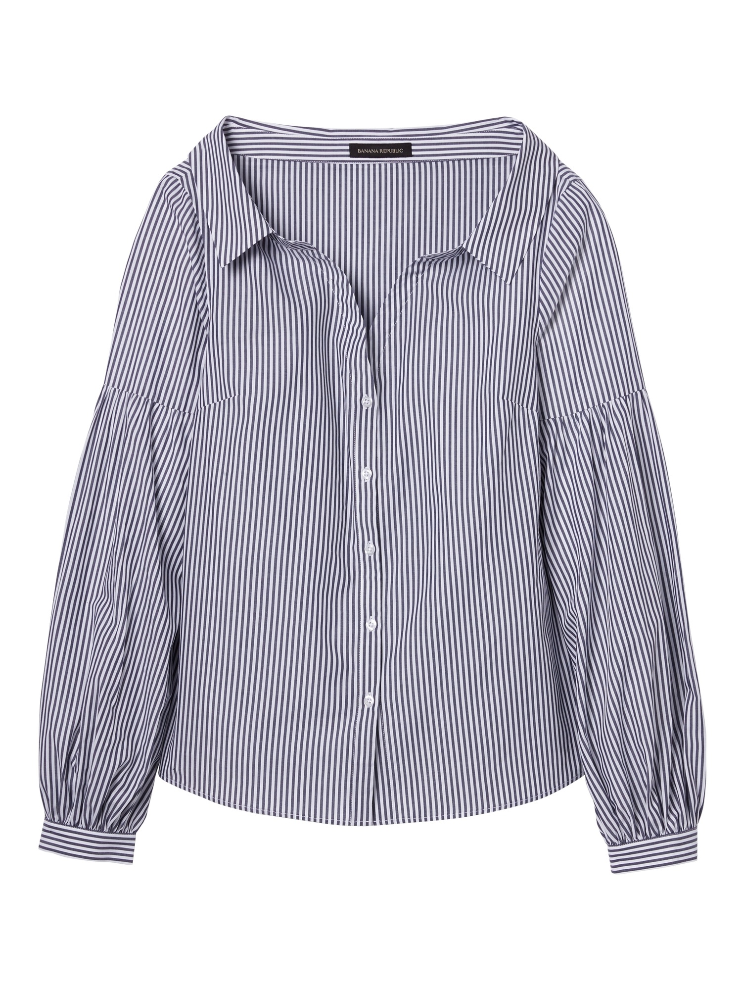 Stripe Open-Collar Bishop-Sleeve Shirt