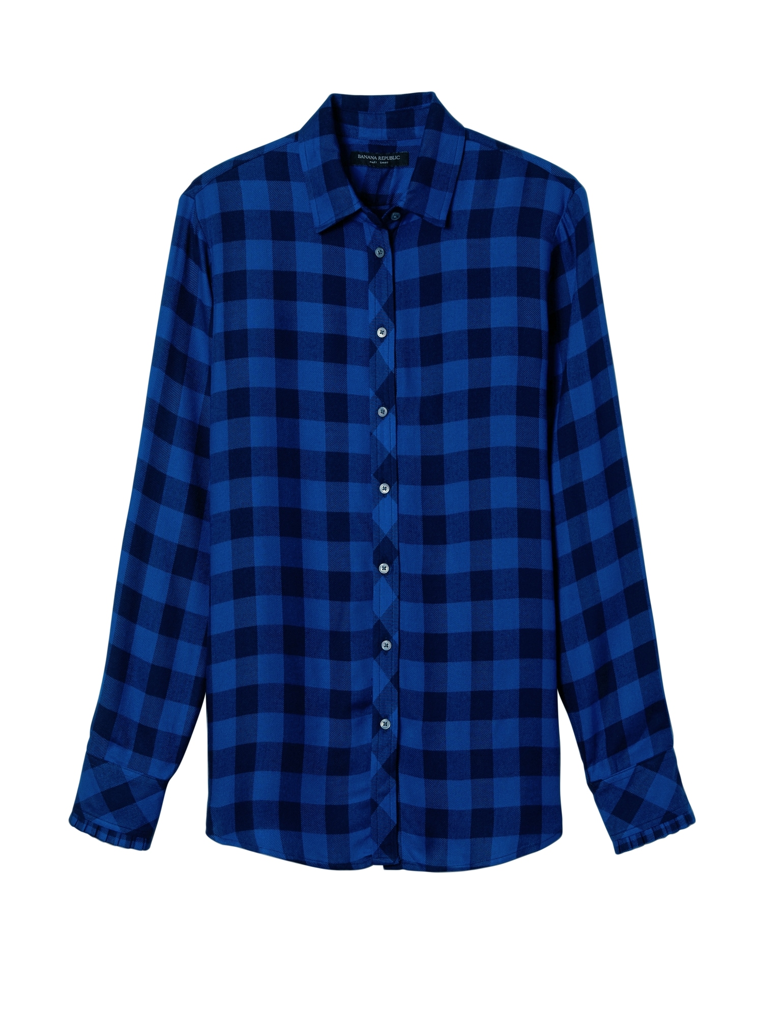 Dillon-Fit Plaid Ruffle-Cuff Flannel Shirt