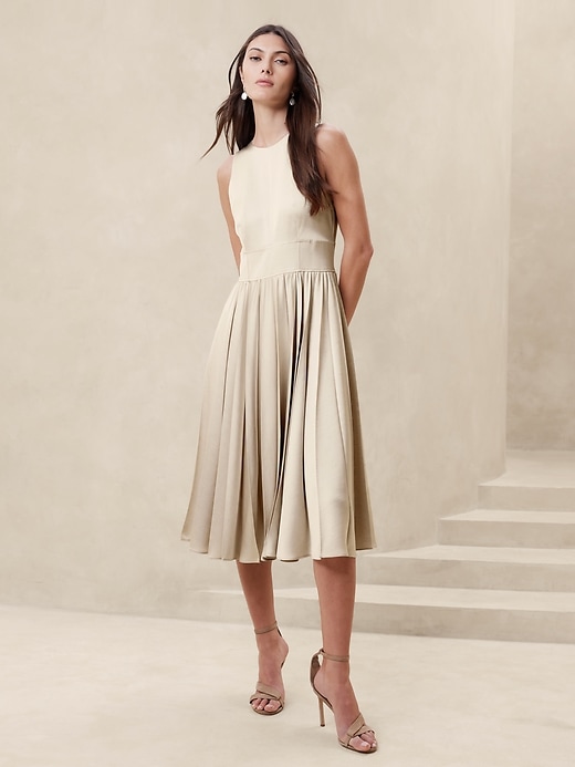 Ness Pleated Satin Midi Dress Banana Republic