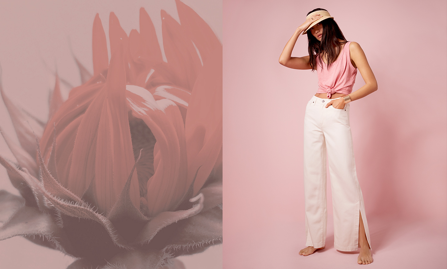 Campaign: New Dawn. Background Image of woman in white denim with desert landscape