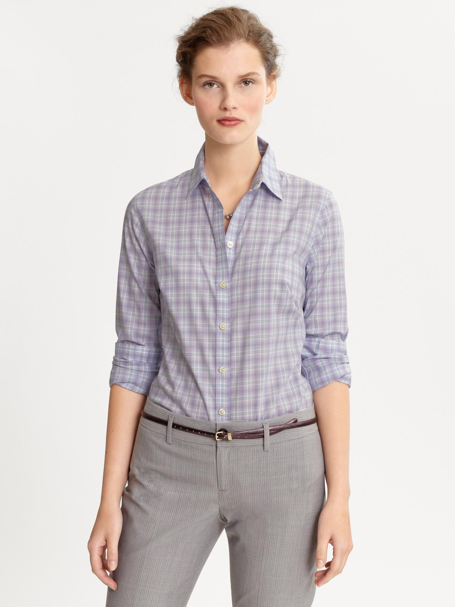 Fitted non-iron plaid shirt
