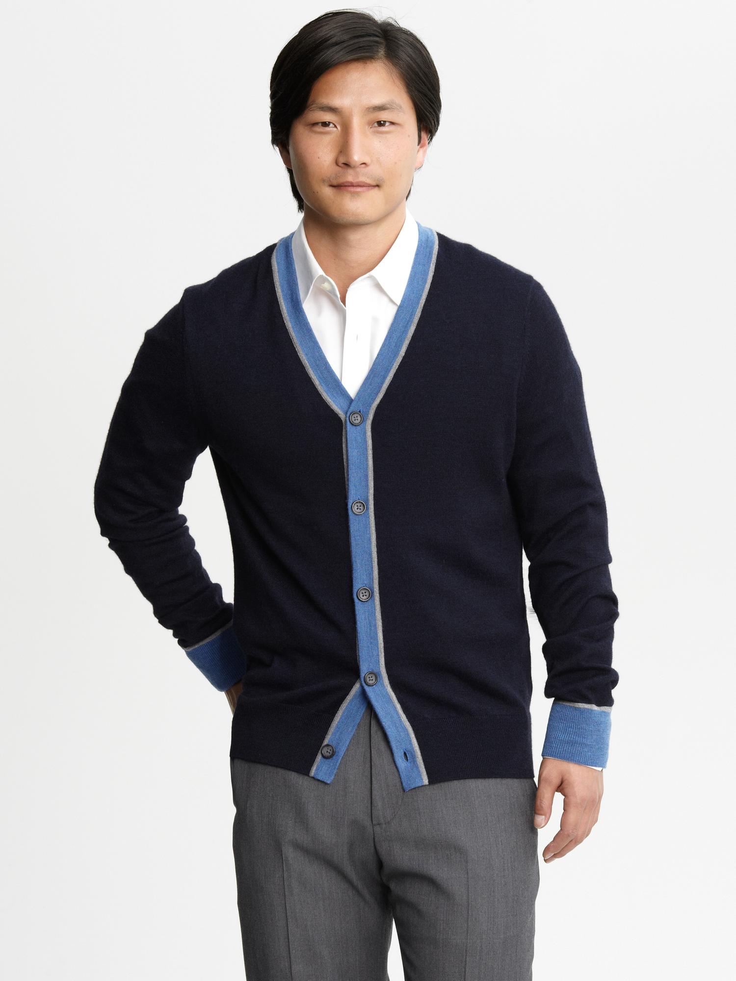 Extra-fine merino wool contrast-trim cardigan