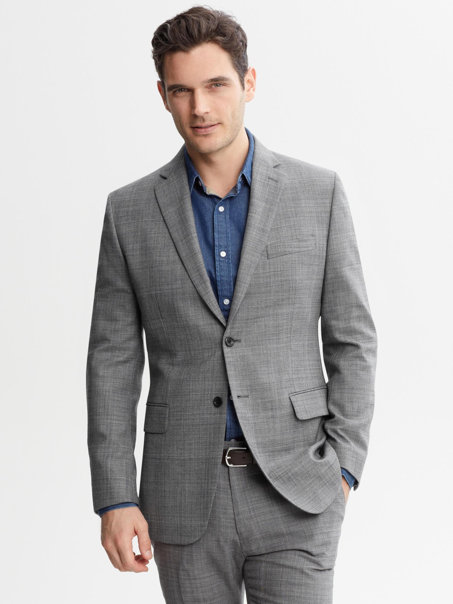 Tailored grey plaid wool two-button suit blazer