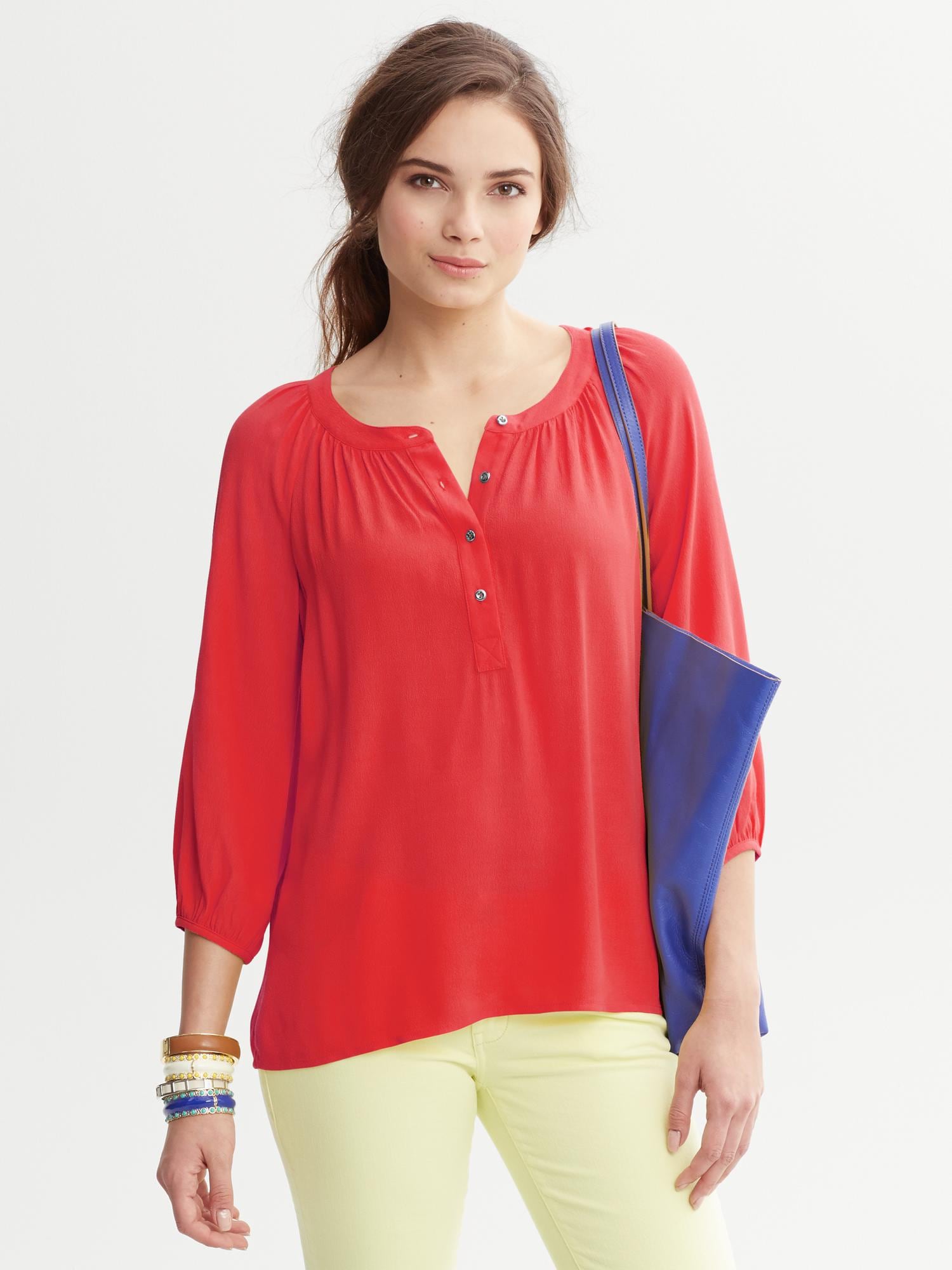 Shirred Raglan-Sleeve Blouse