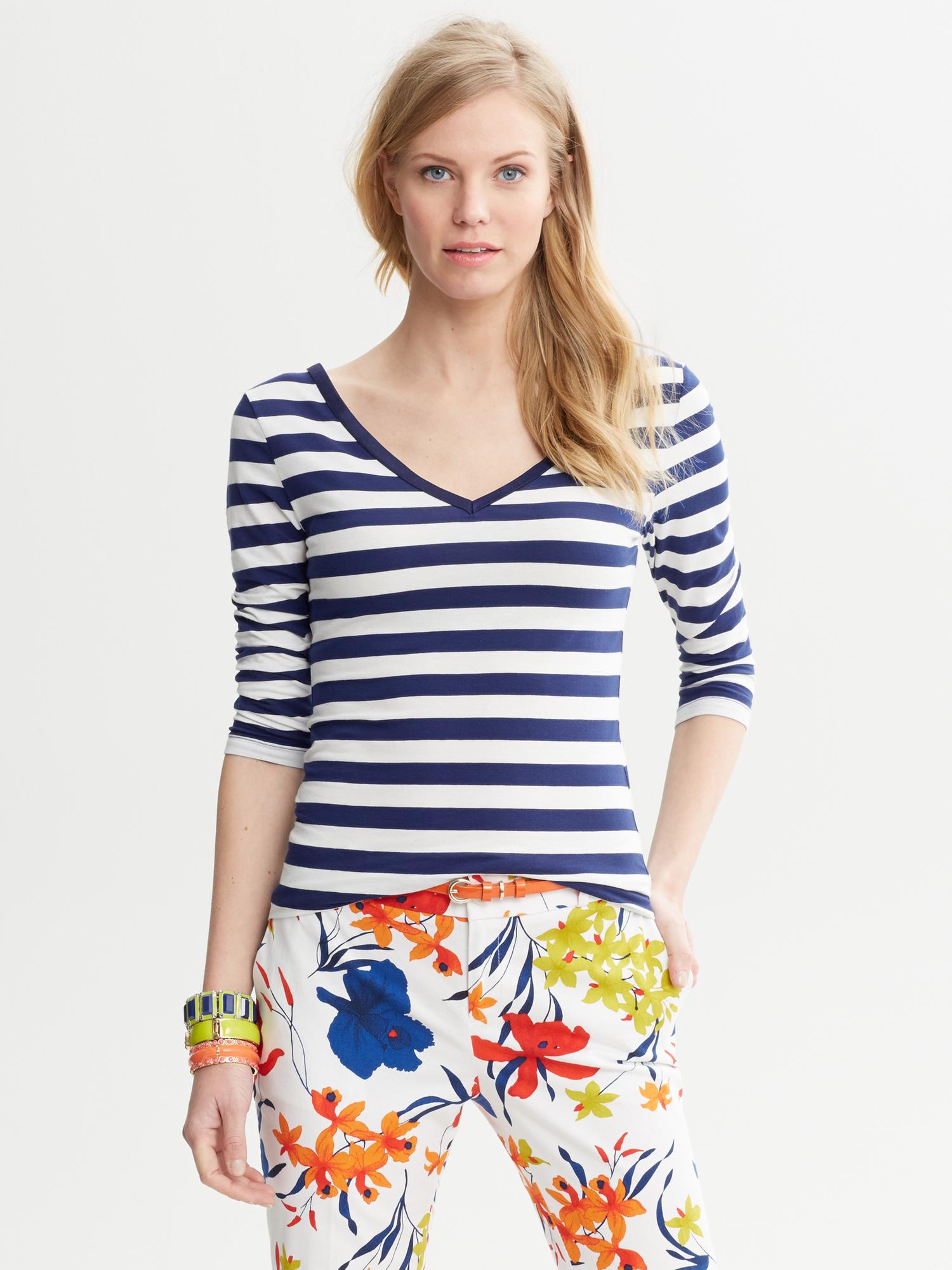 Striped Double V-Neck Top