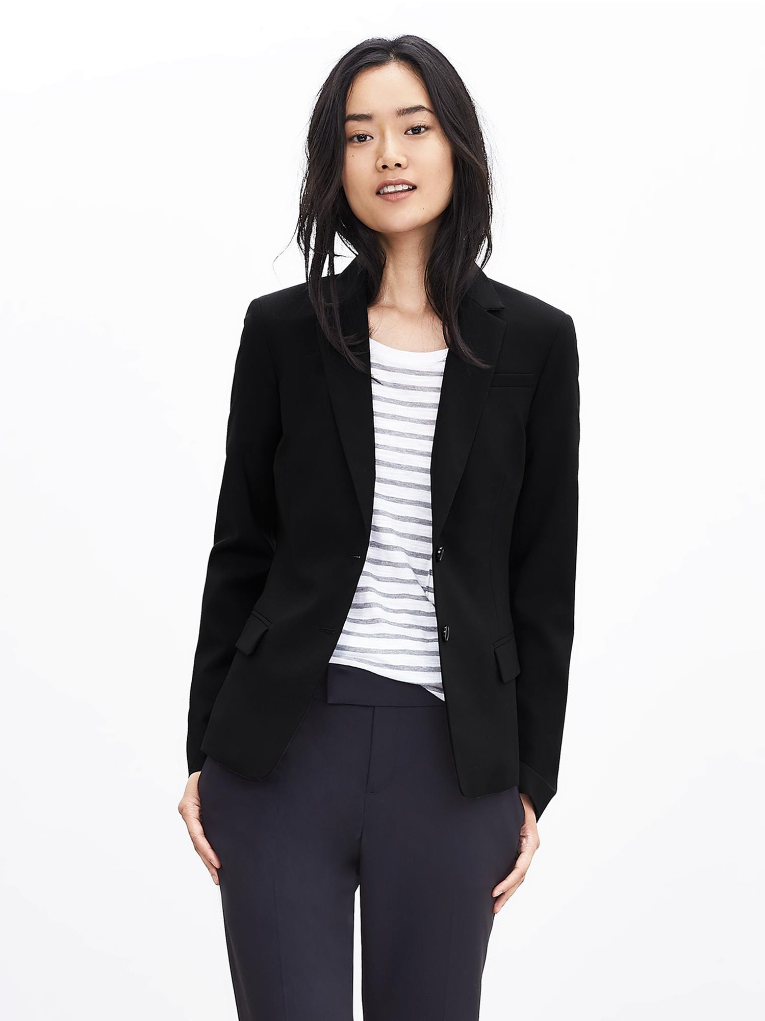Black Lightweight Wool Two-Button Suit Blazer