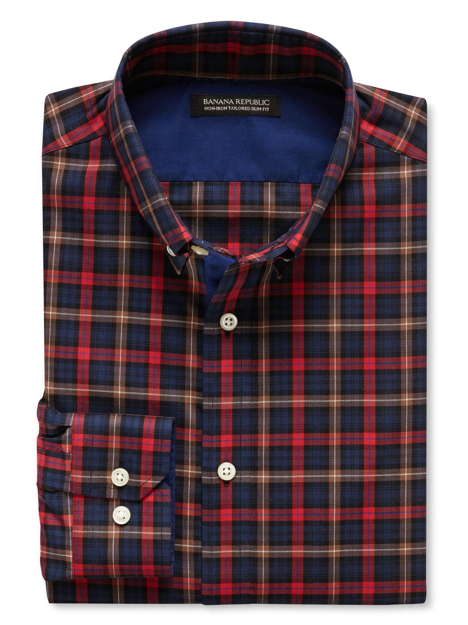 Tailored Slim-Fit Black Plaid Button-Down Shirt | Banana Republic