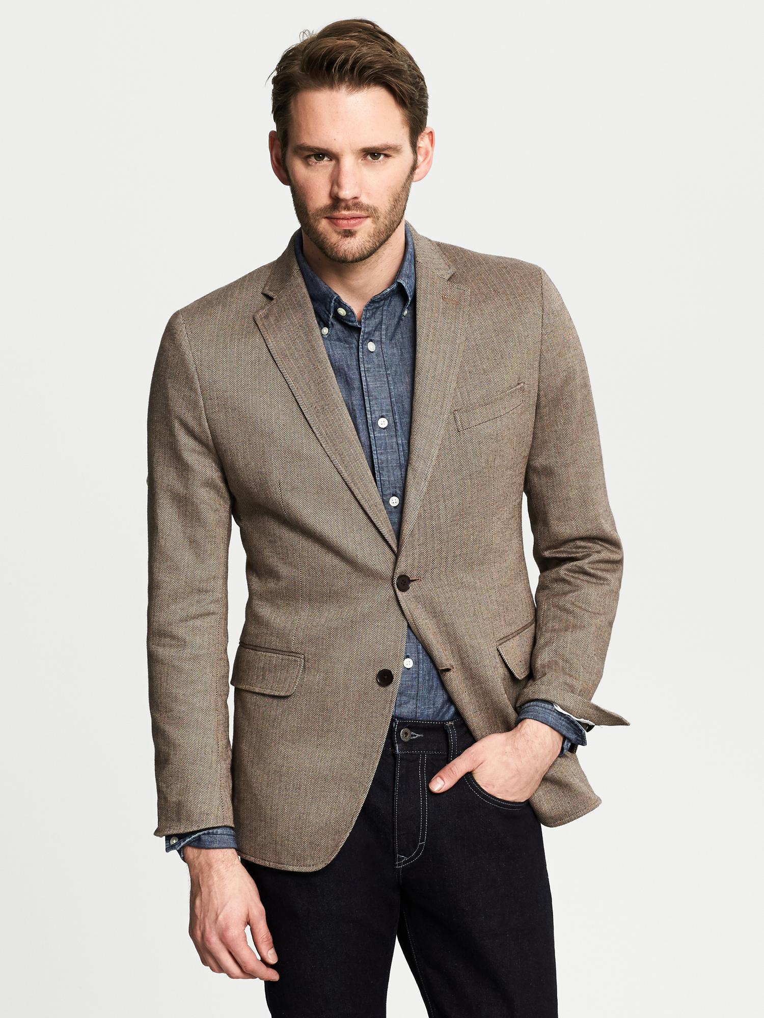 Tailored-Fit Taupe Herringbone Cotton Blazer | Banana Republic