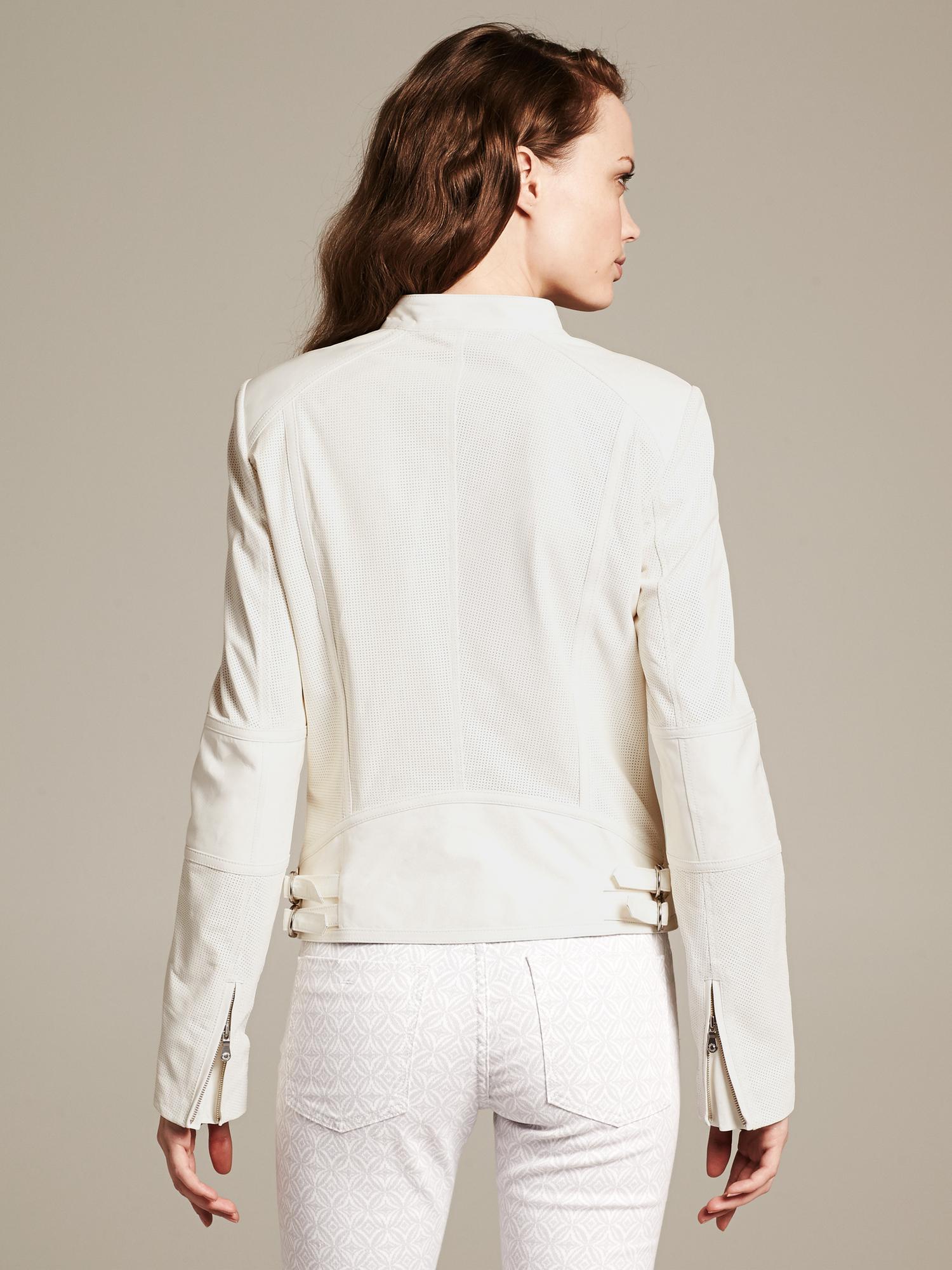 Perforated White Leather Jacket | Banana Republic