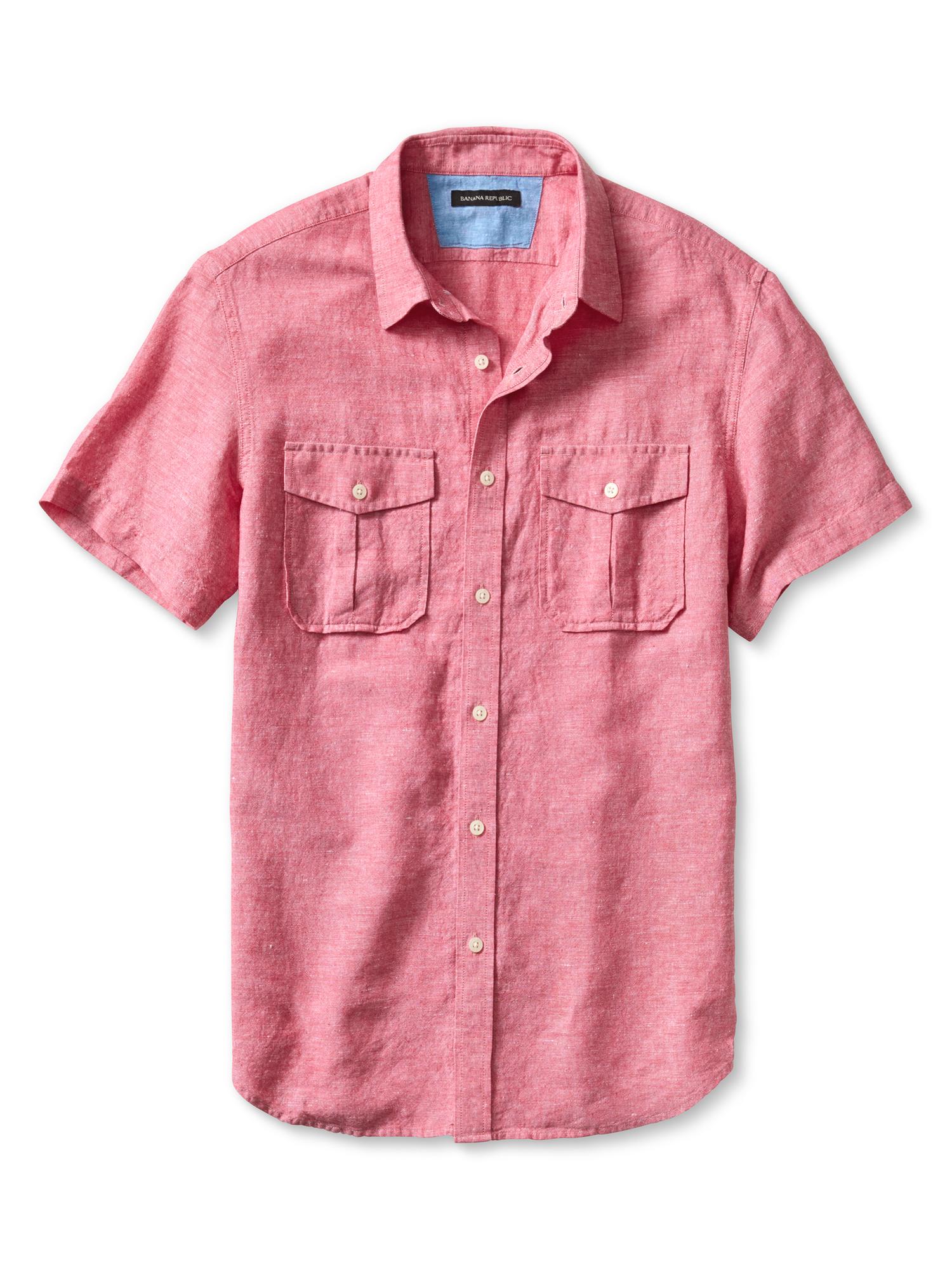 Slim-Fit Linen/Cotton Short-Sleeve Utility Shirt