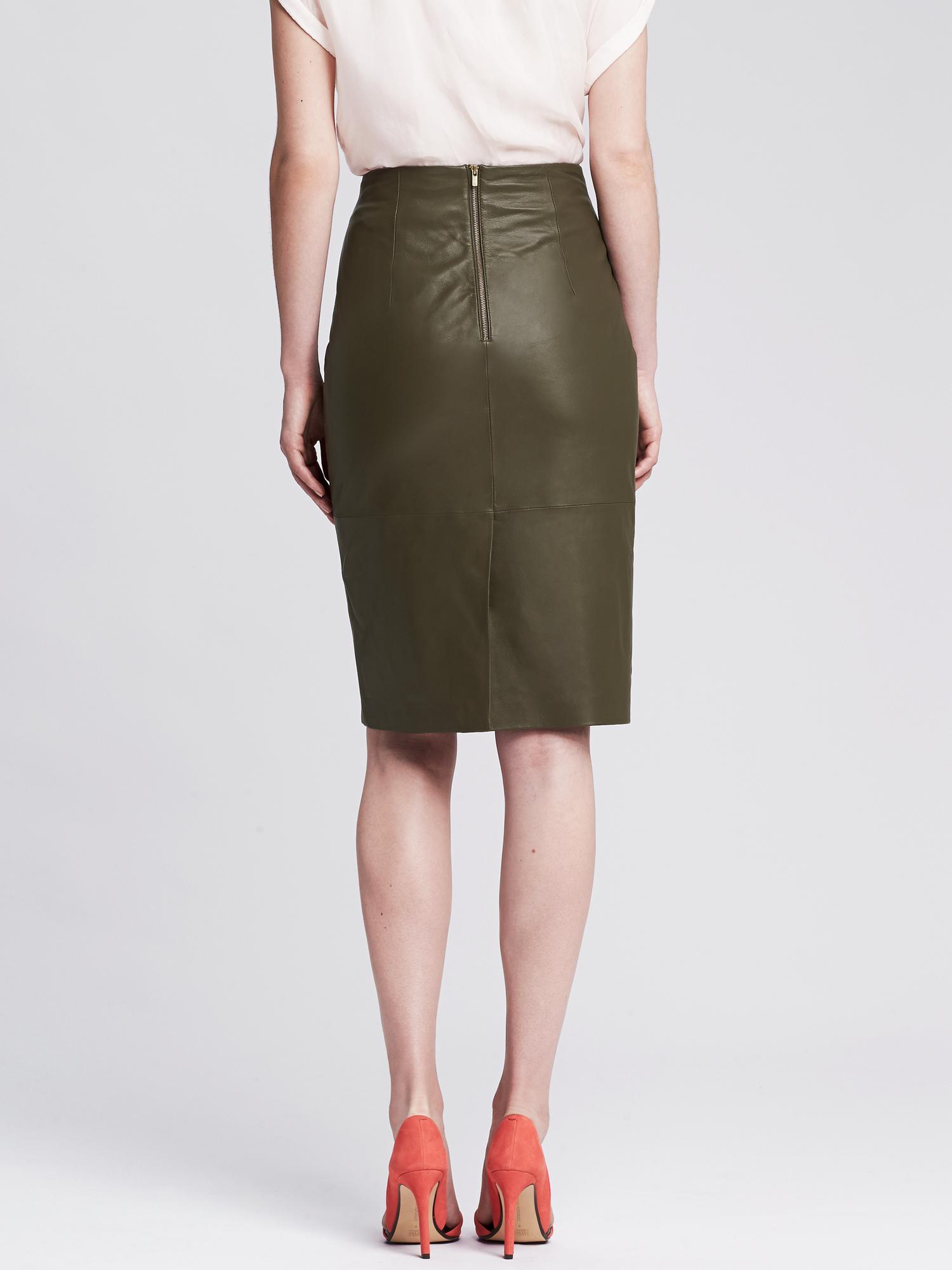 Heritage Olive Leather Pencil Skirt