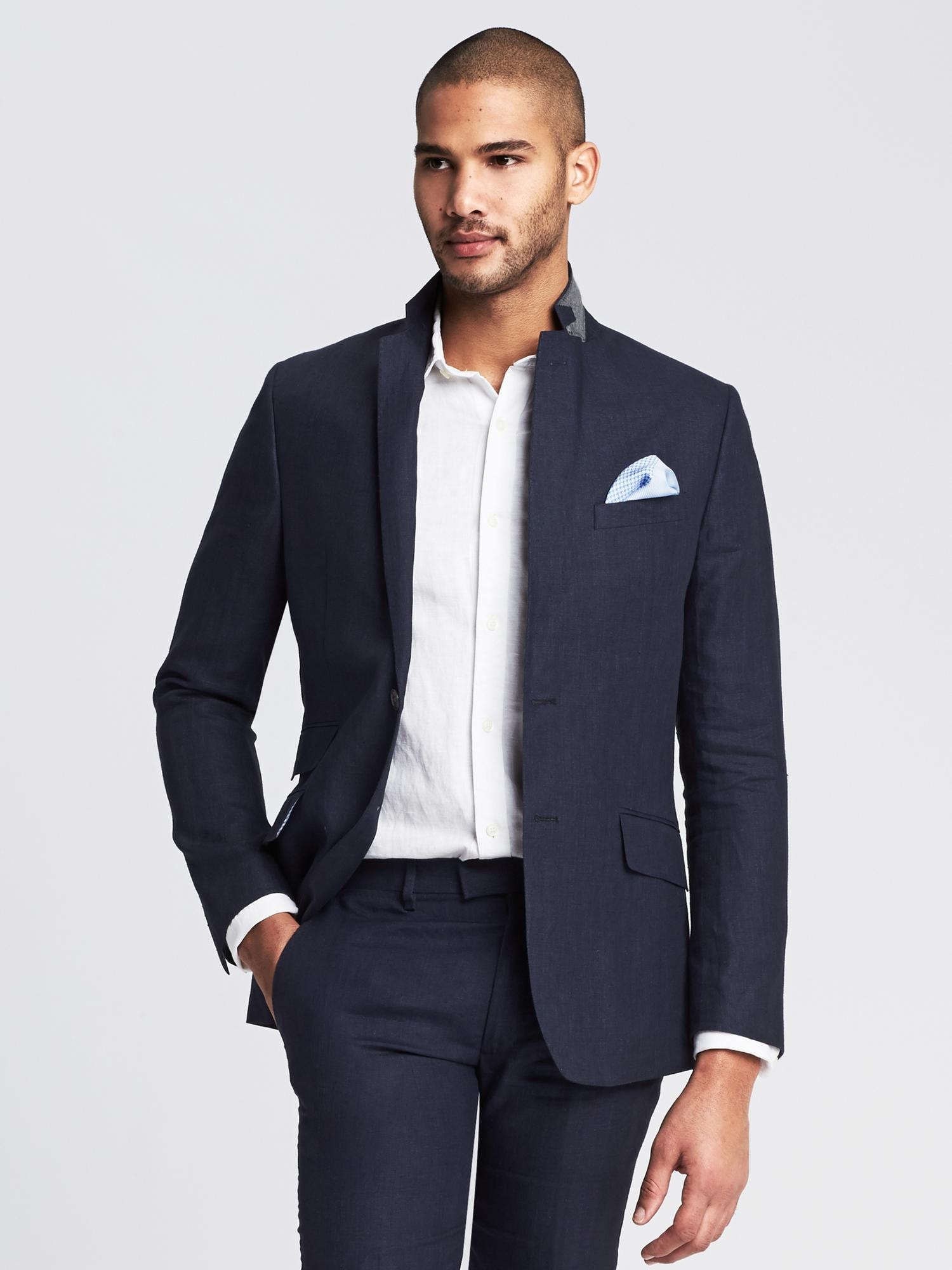 Modern Slim Navy Linen Suit Jacket