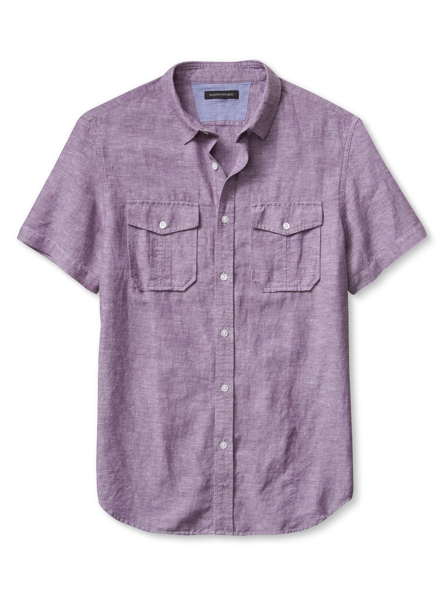 Slim-Fit Linen Cotton Short-Sleeve Utility Shirt