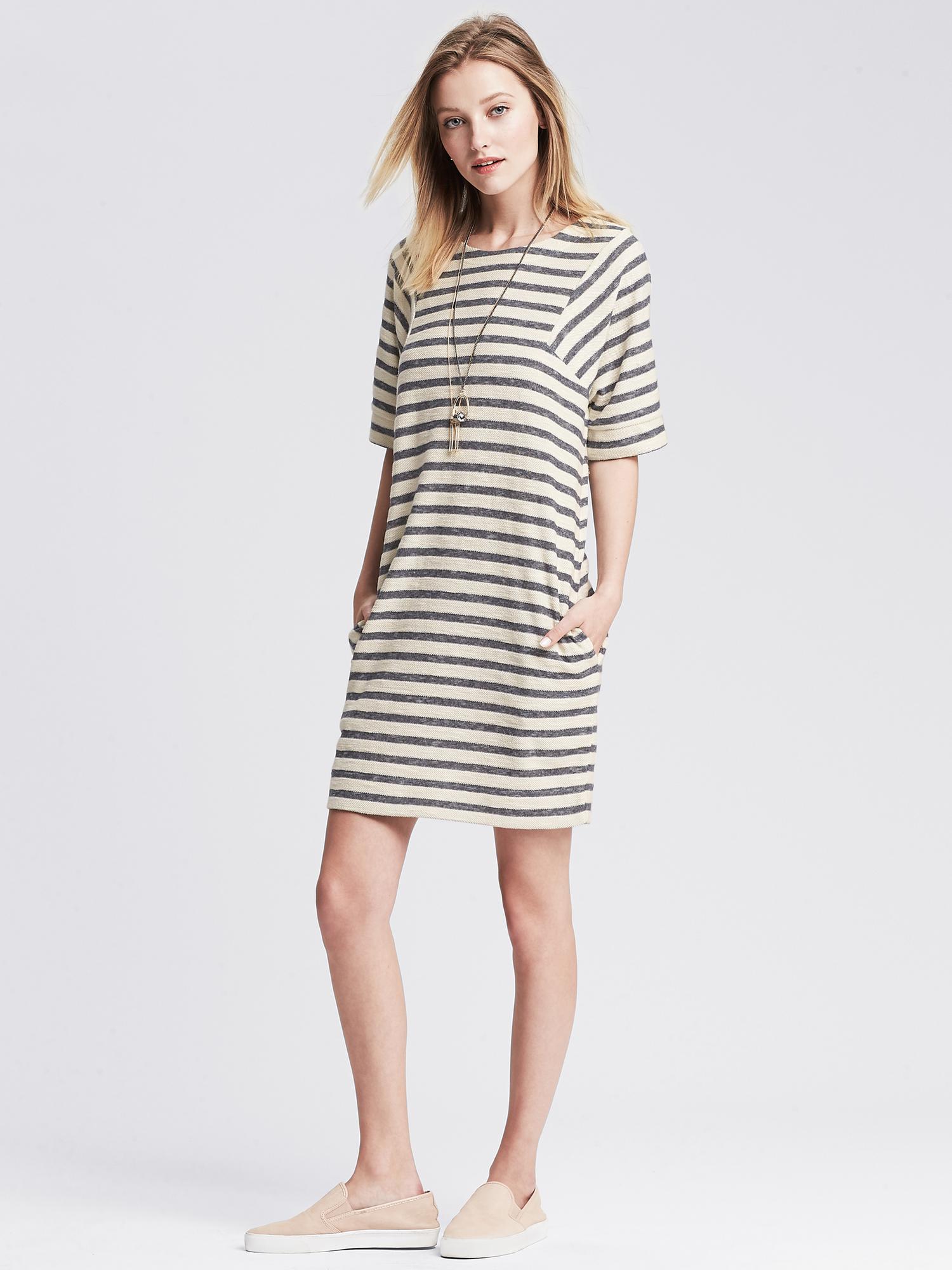 Striped Elbow-Sleeve Shift