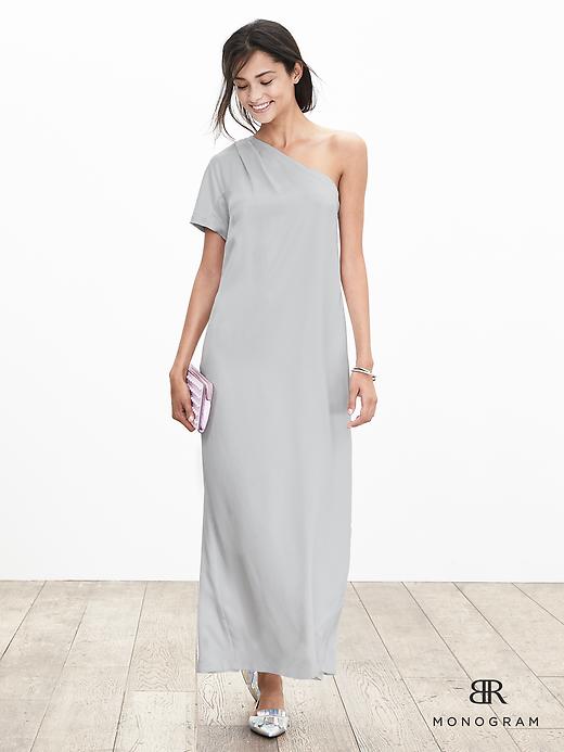 banana republic monogram silk dress BR Monogram Silk One-Shoulder Dress