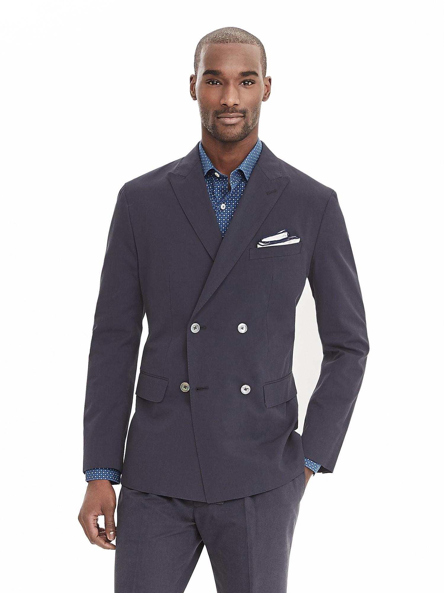 Modern Slim Navy Cotton Double-Breasted Suit Jacket | Banana Republic
