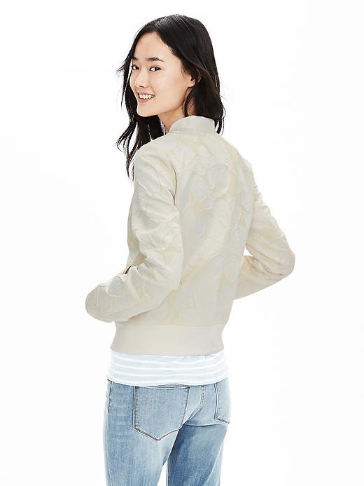 ジャケット・アウター botanical jacquard back ribbon jacket Floral Metallic Jacquard Peplum Collarless Zip Jacket