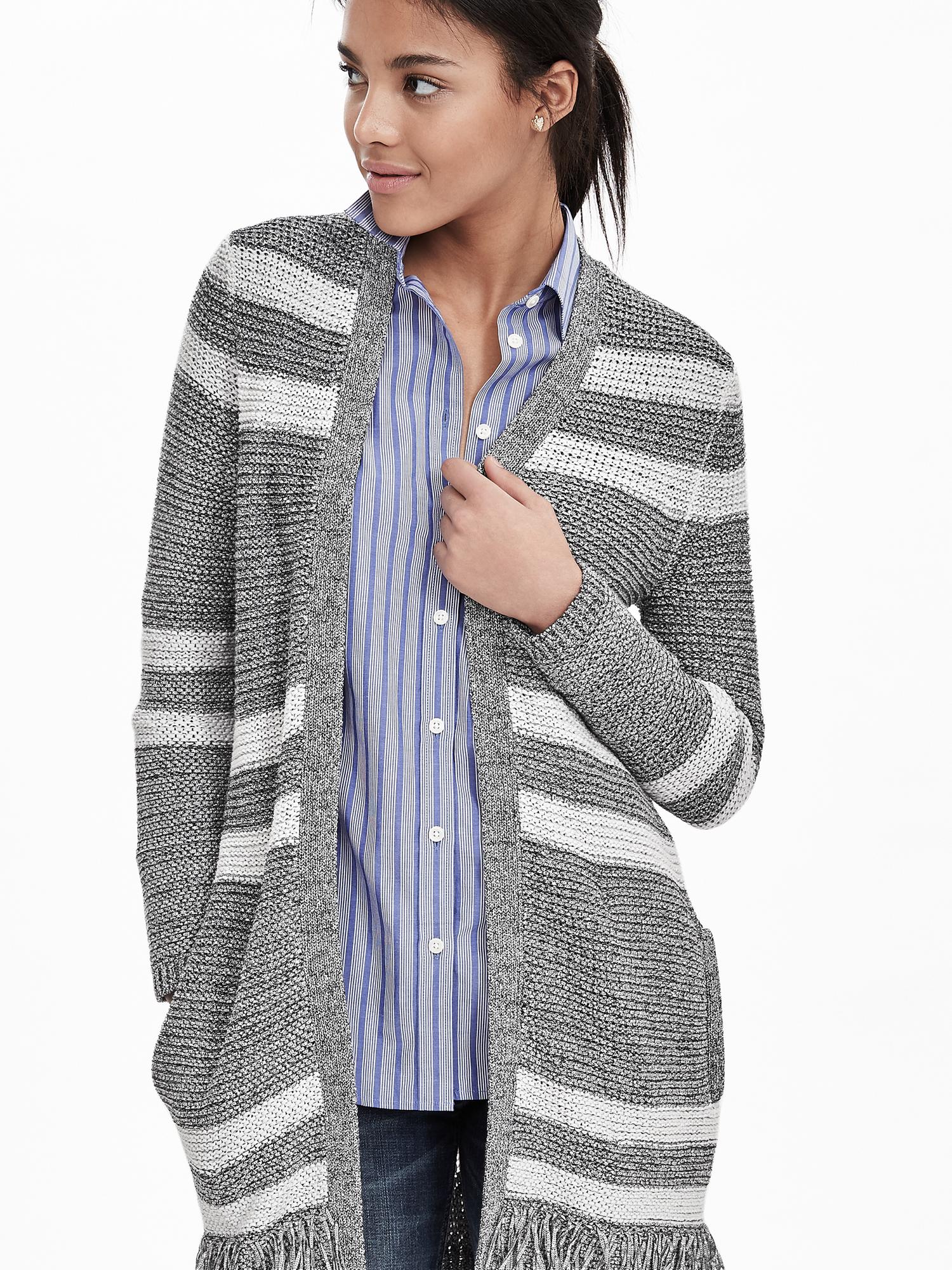 Fringe Stripe Open Cardigan