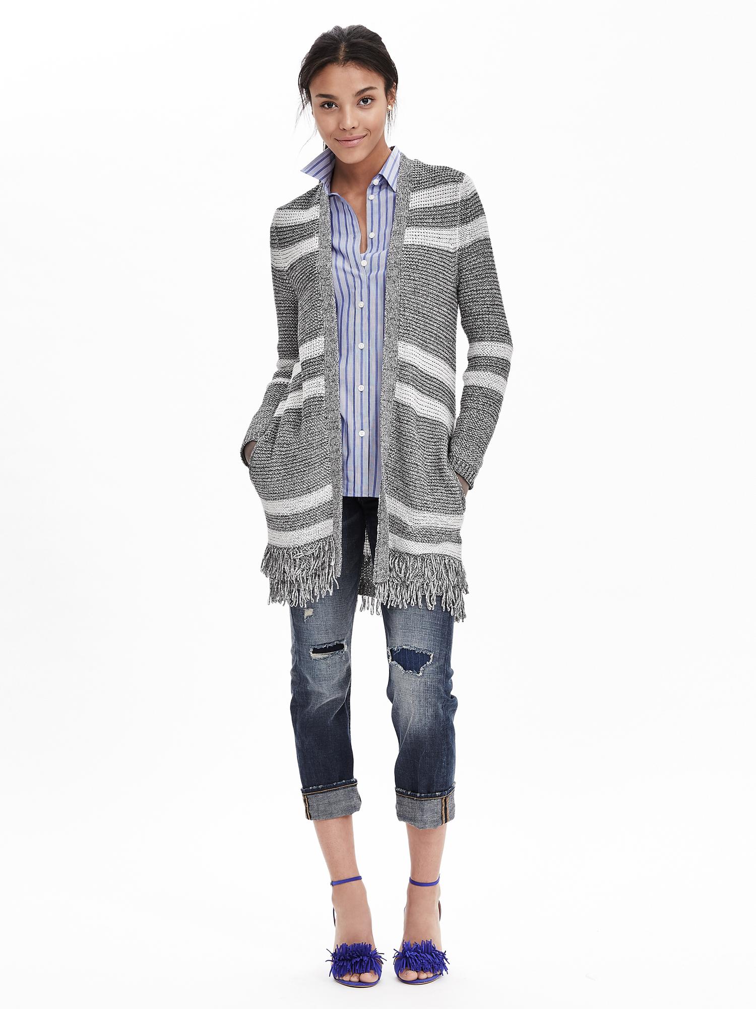 Fringe Stripe Open Cardigan