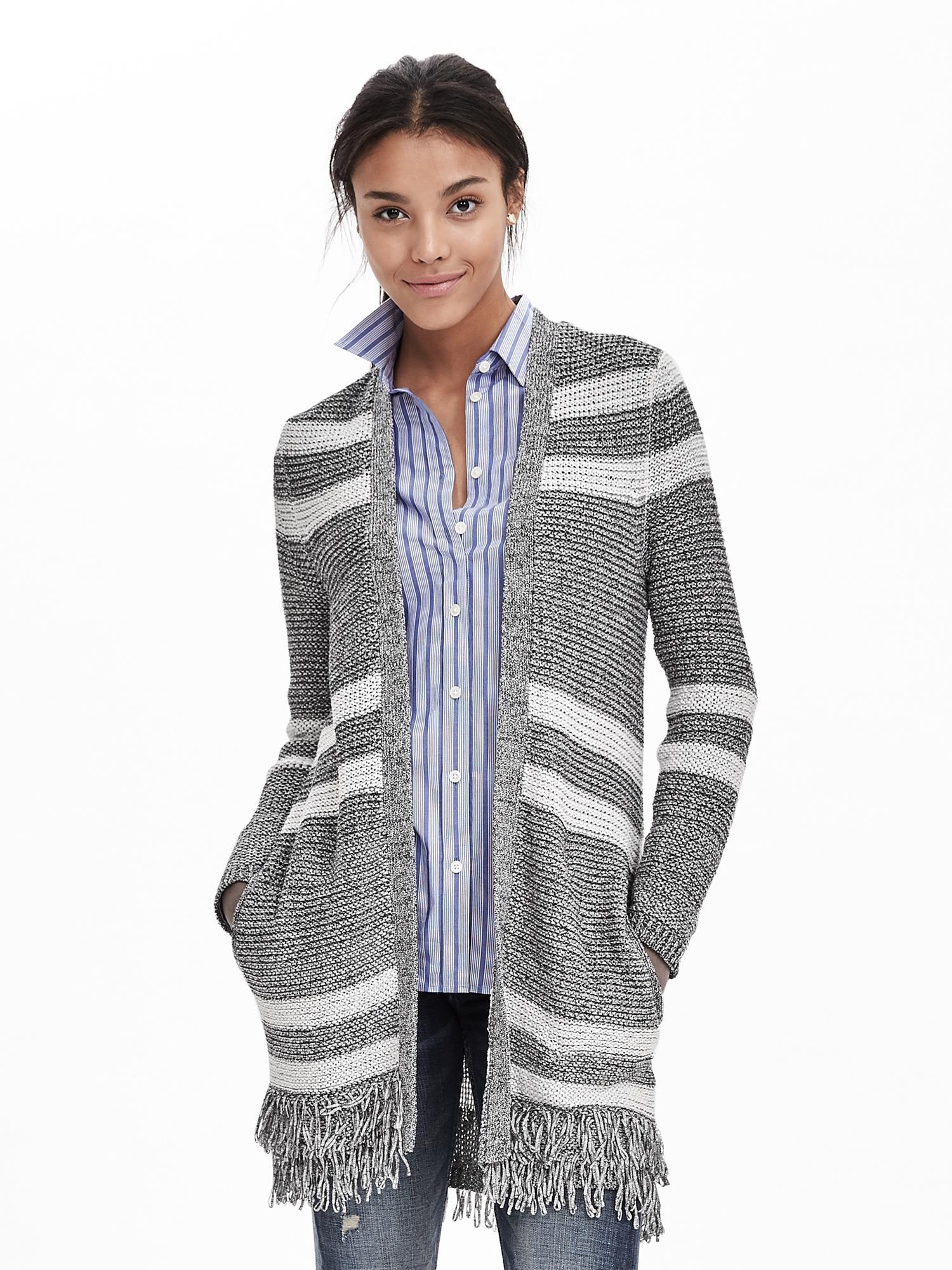 Fringe Stripe Open Cardigan