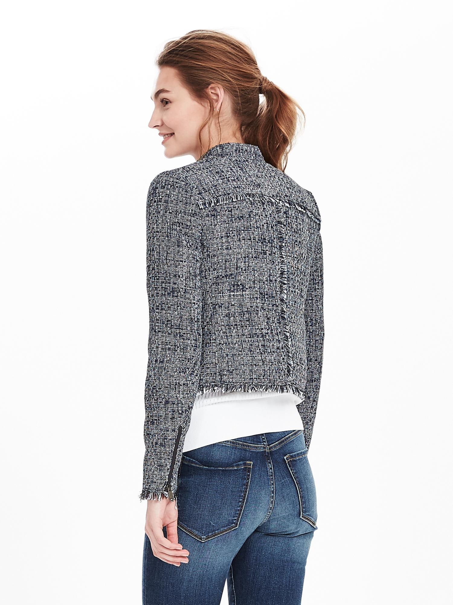 NOTKNOWING ■ Square Neck Moto Tweed Jacket Raw-Edge Tweed Moto Jacket | Banana Republic