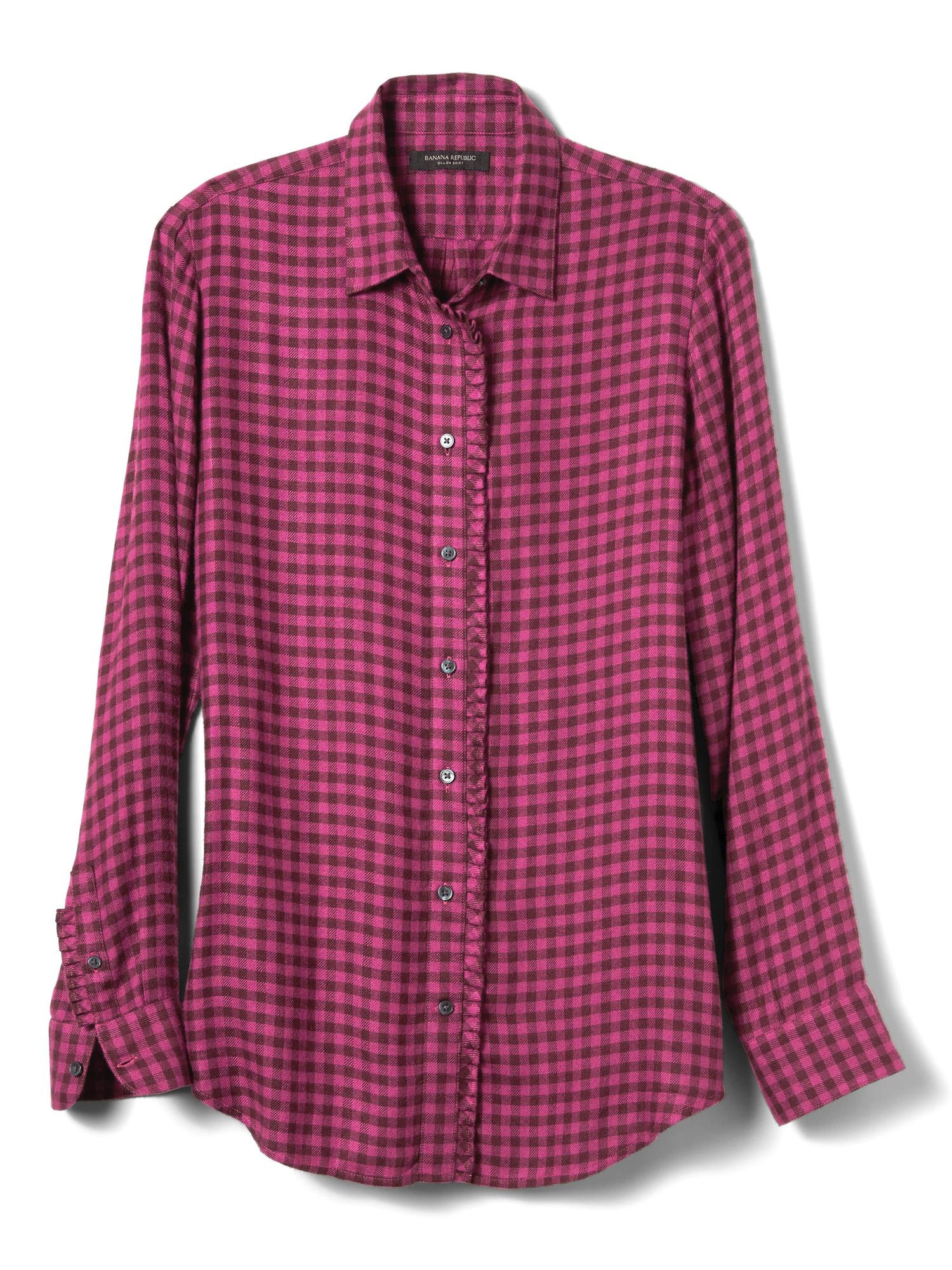 Dillon-Fit Plaid Flannel Ruffle Shirt