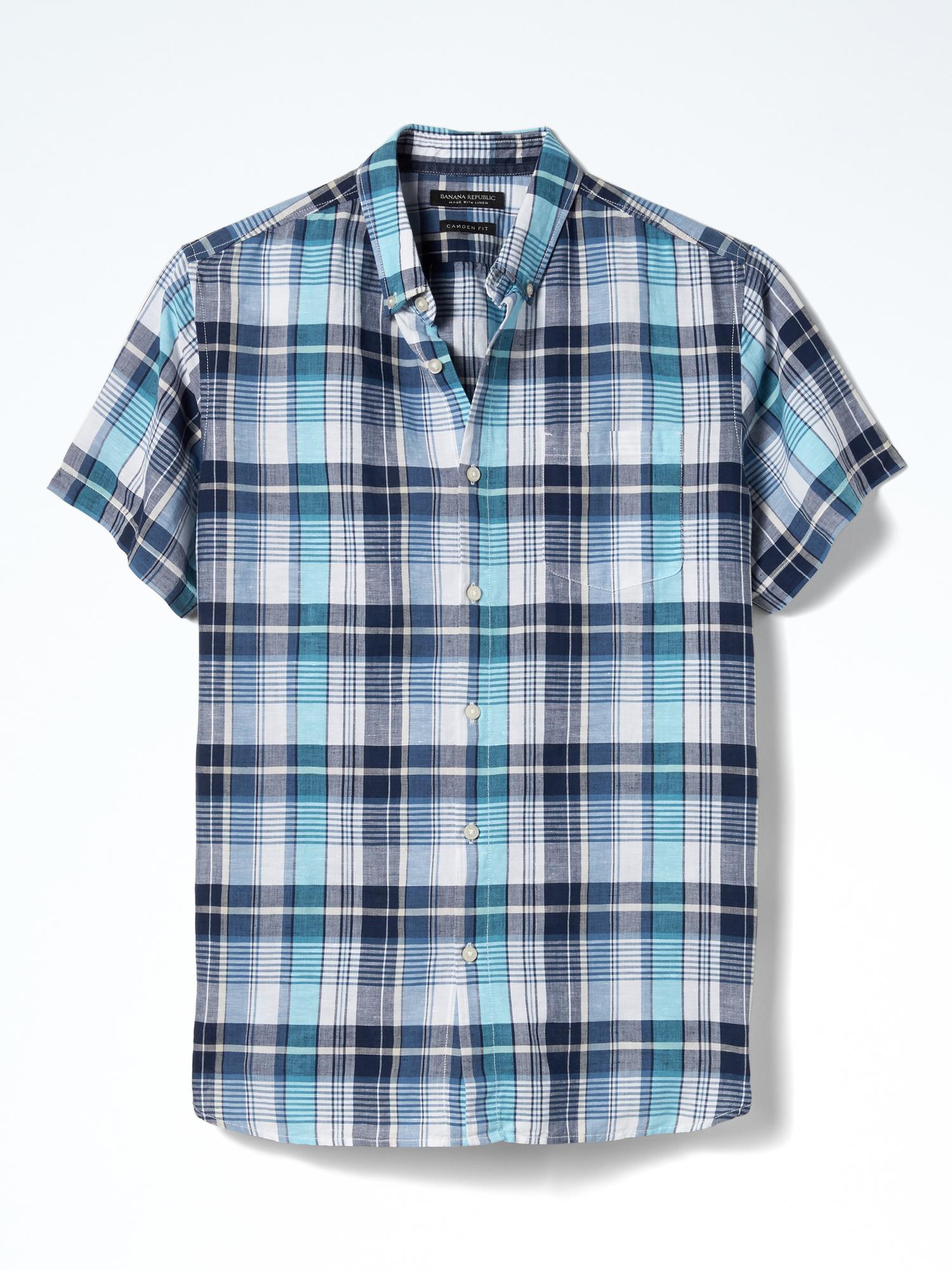 Camden Fit Plaid Linen Cotton Short Sleeve Shirt Banana Republic