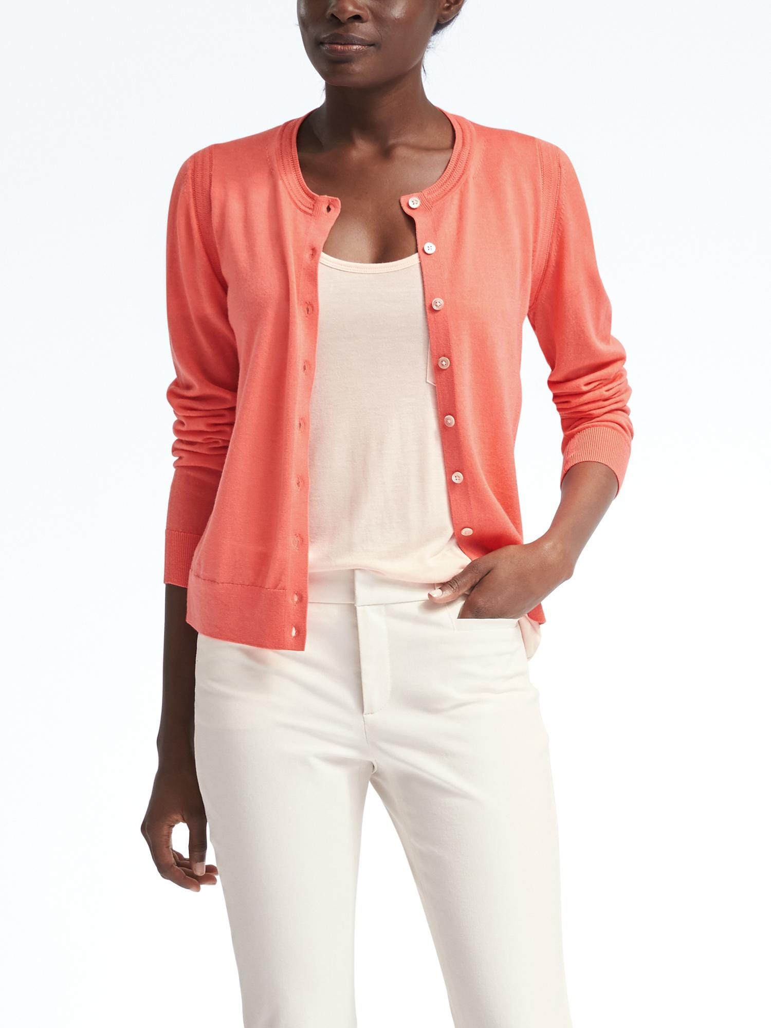 Coral Pointelle Button Down Cardigan