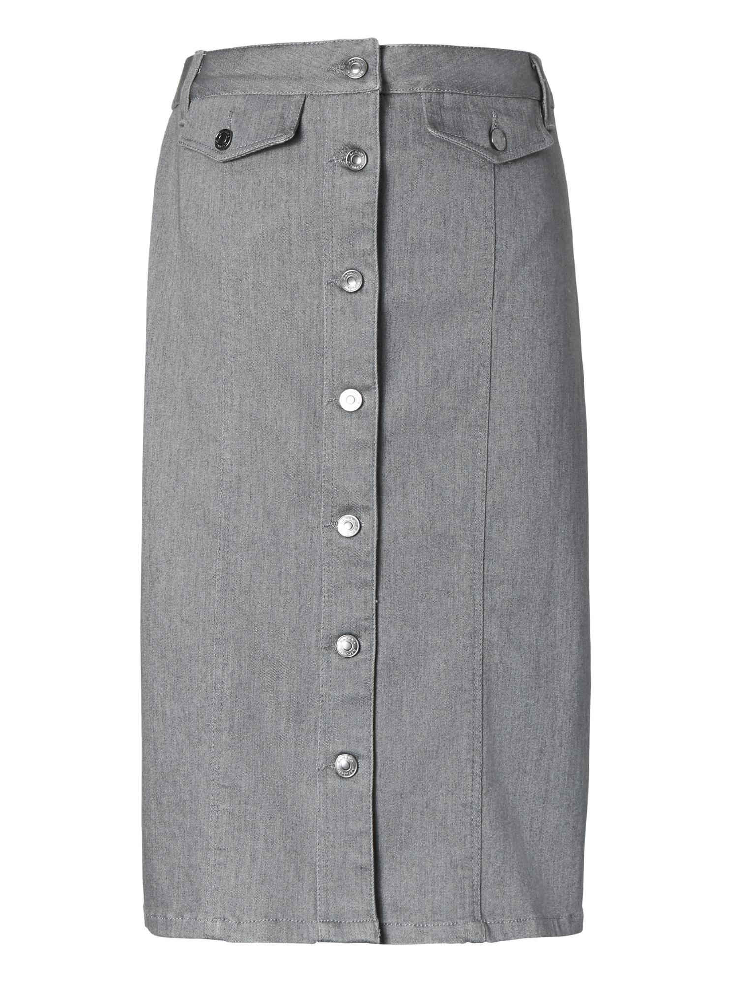 Gray-Wash Denim Button-Front Pencil Skirt