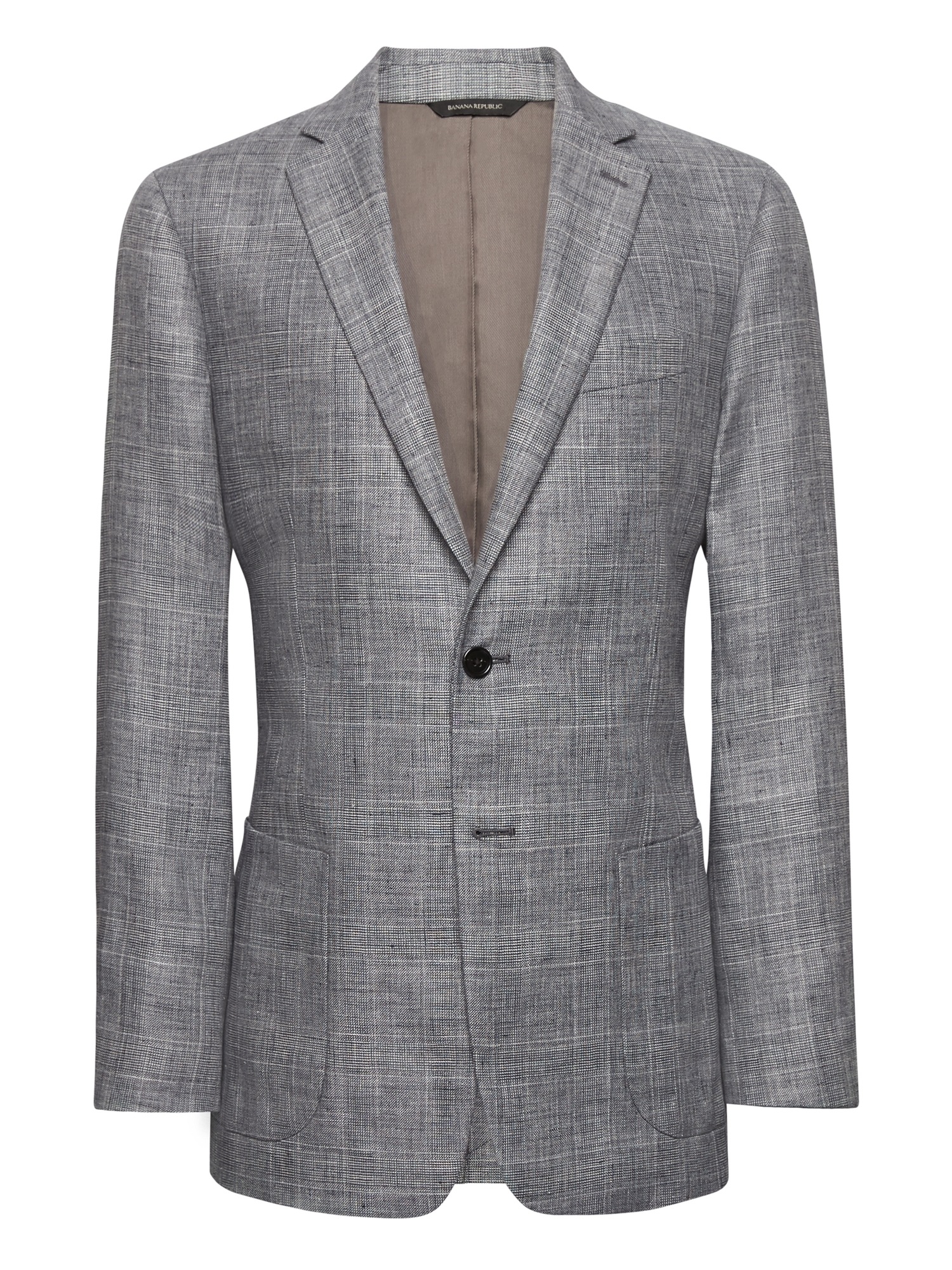 Slim Gray Plaid Linen Suit Jacket