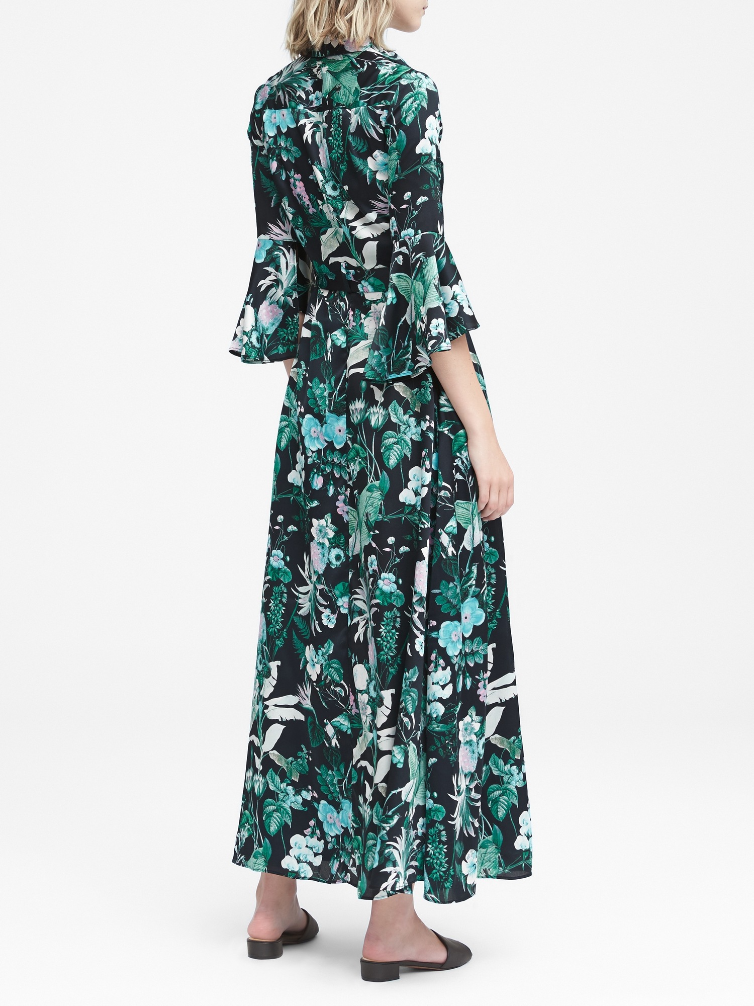Botanical Print Flutter-Sleeve Maxi Shirt Dress