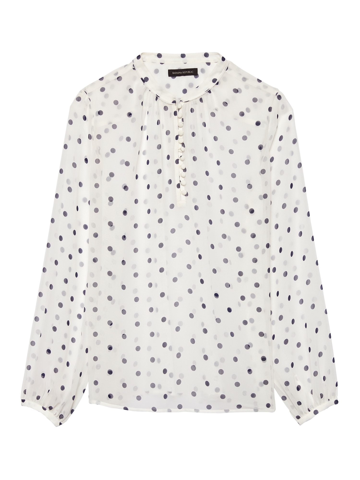 Sheer Dot Button-Front Poet-Sleeve Top