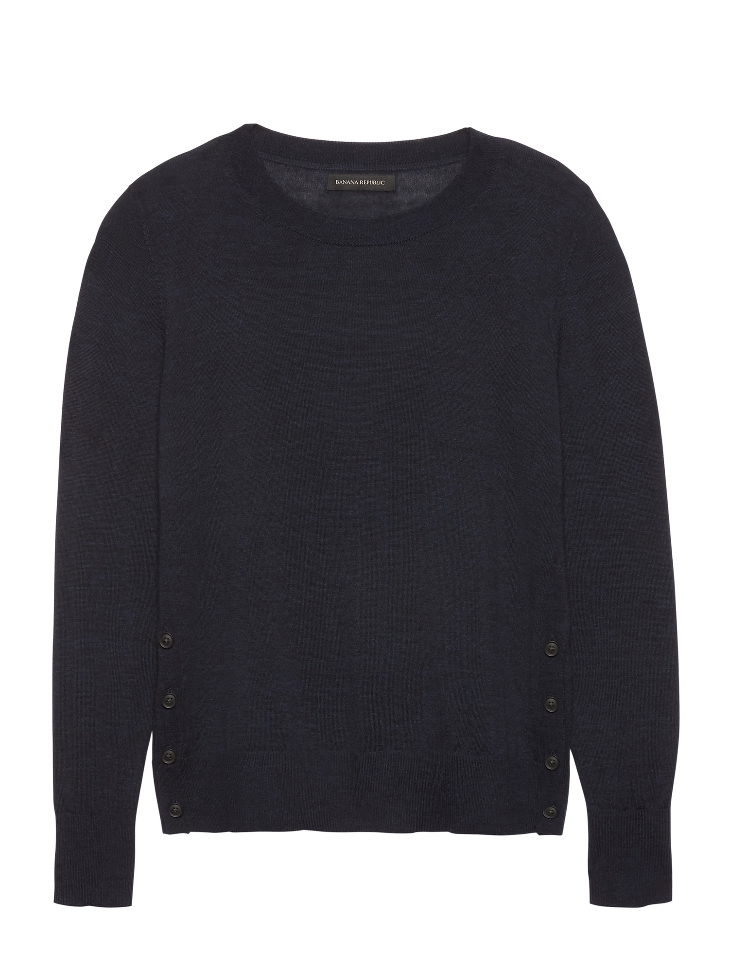 Petite Machine-Washable Merino Wool Button-Side Cropped Crew-Neck Sweater