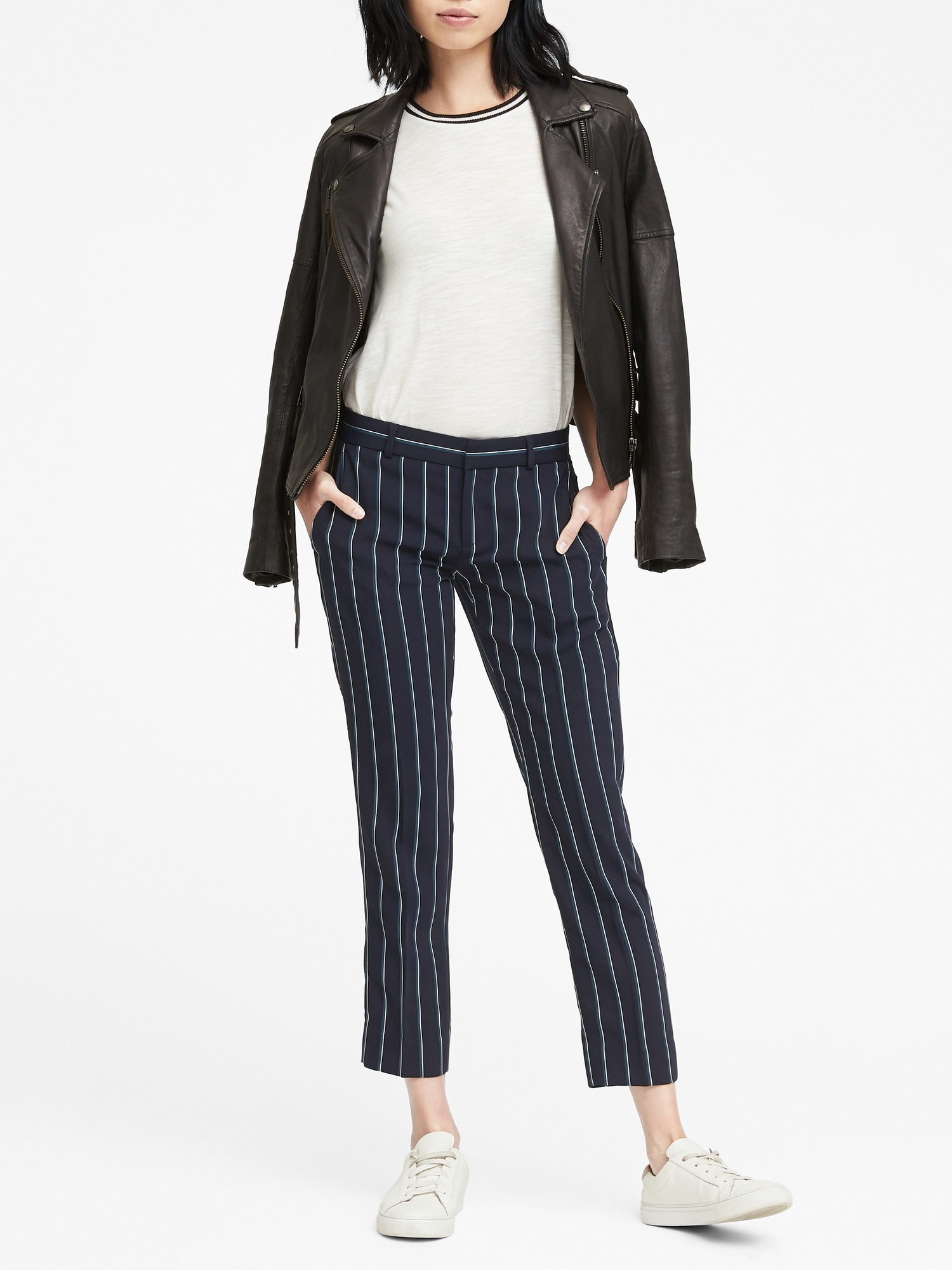 Avery Straight-Fit Stretch Crepe Stripe Ankle Pant