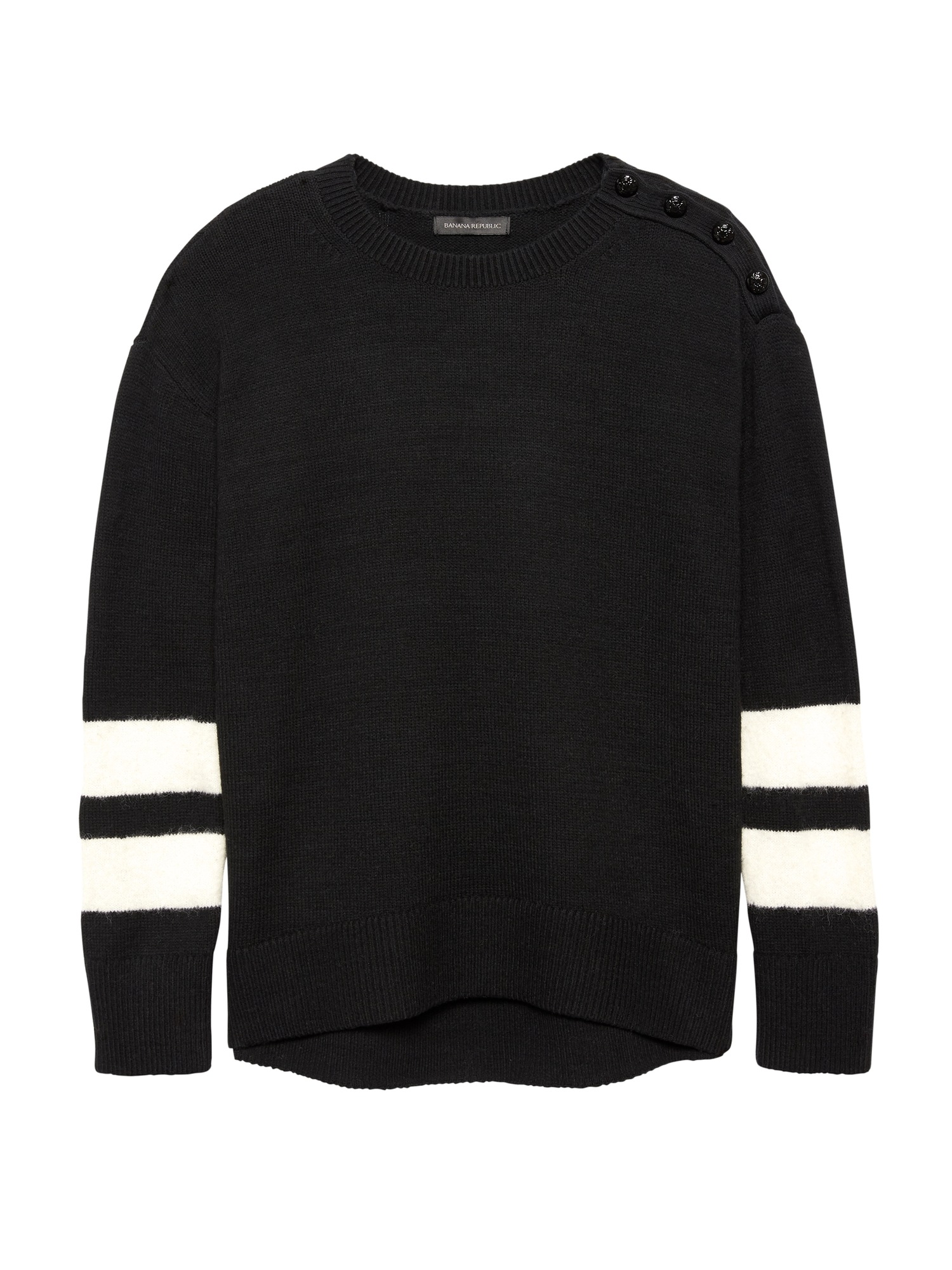 Button-Shoulder Stripe-Sleeve Sweater
