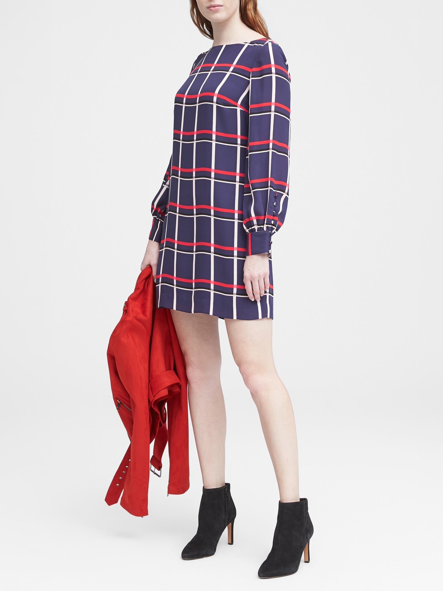 Plaid Covered Button Shift Dress