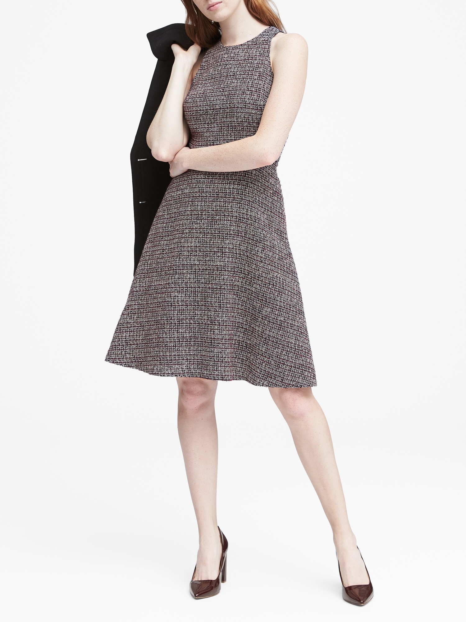 Tweed Racer-Neck Fit-and-Flare Dress