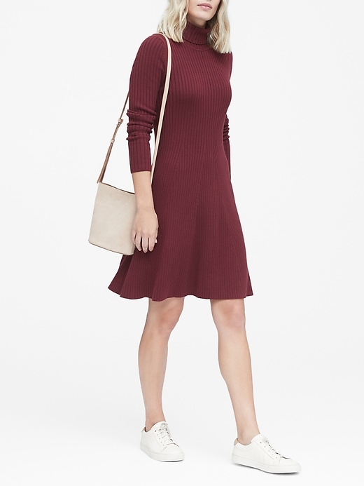 Ribbed Cotton Blend Turtleneck Sweater Dress